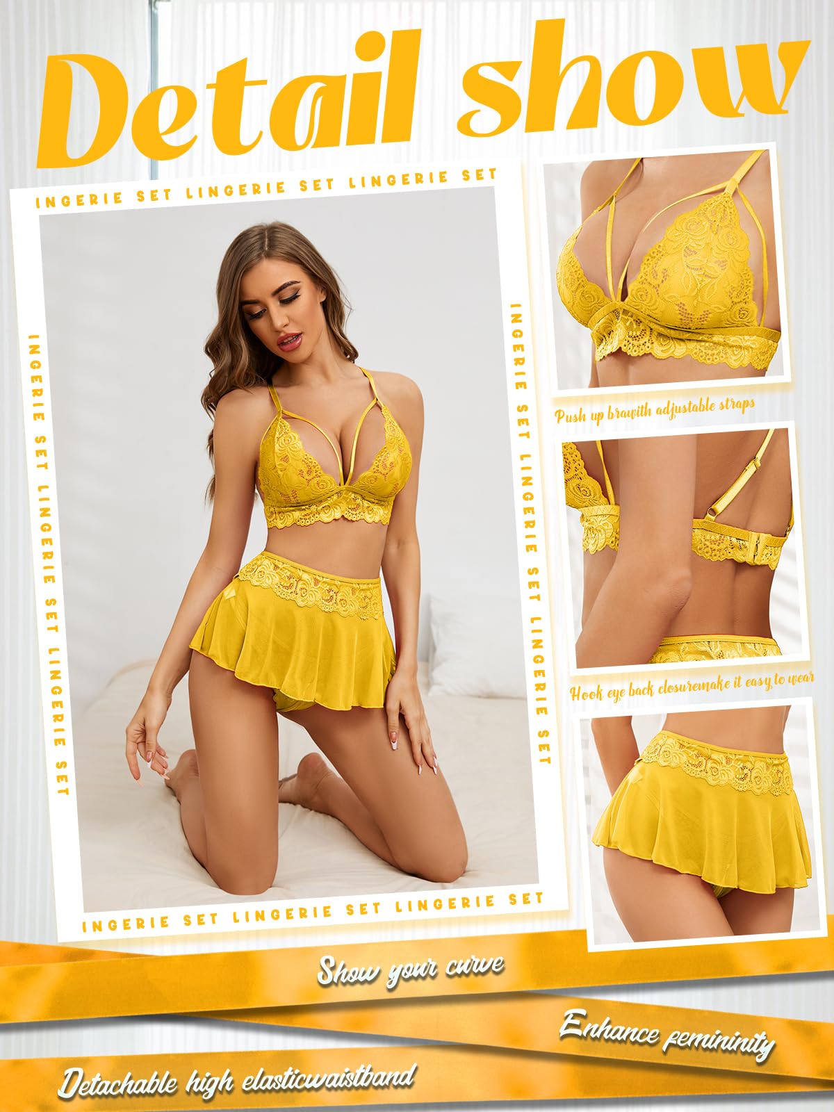 Sexy Lingerie for Women Naughty 3 Piece Lace Bralette, Mini Skirt with G-String Crotchless Teddy Lingerie Set