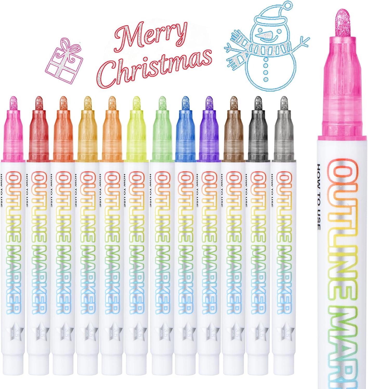 OLINGYOU 24 Pack Double Line Outline Markers, Squiggles Shimmer Markers Set, Self Outline Metallic Glitter Marker Pens for Christmas,Art, Drawing, Writing, Greeting Cards, DIY, Scrapbook, Easter Eggs