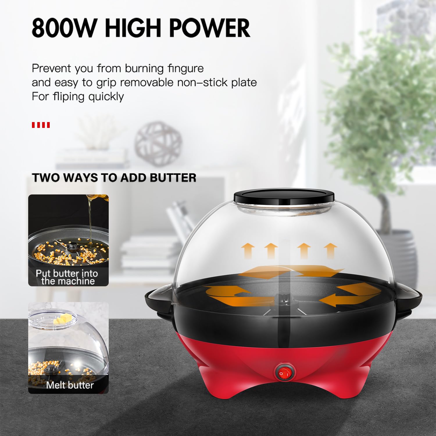 Yabano Popcornmaschine 5L für Zuhause, 800W Popcorn Maker mit Zucker & Öl, Abnehmbare Antihaft-Heizplatte, Automatischer Rührstab, Transparenter Deckel als Servierschüssel, Einfach zu Reinigen