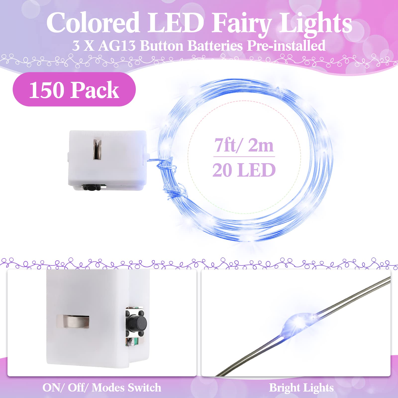 Paquete de 150 luces LED de hadas que funcionan con pilas, 3 modos de velocidad, 2 m, 20 luces LED alimentadas por pilas, alambre impermeable, luces parpadeantes, recuerdo de fiesta para bricolaje