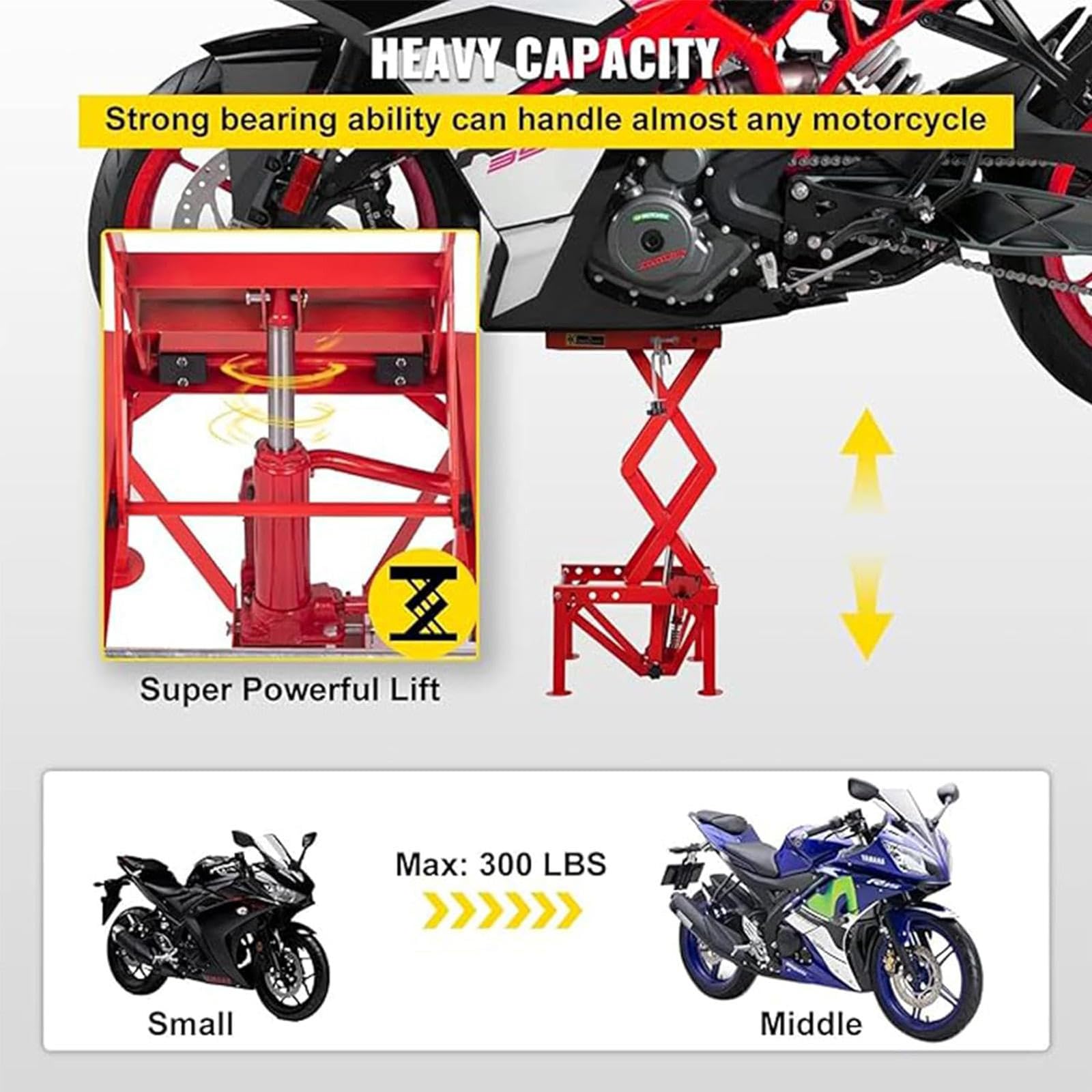 Table élévatrice hydraulique pour moto, fonctionnement à pédale, capacité de 136 kg, idéale pour l'entretien et le rangement du vélo