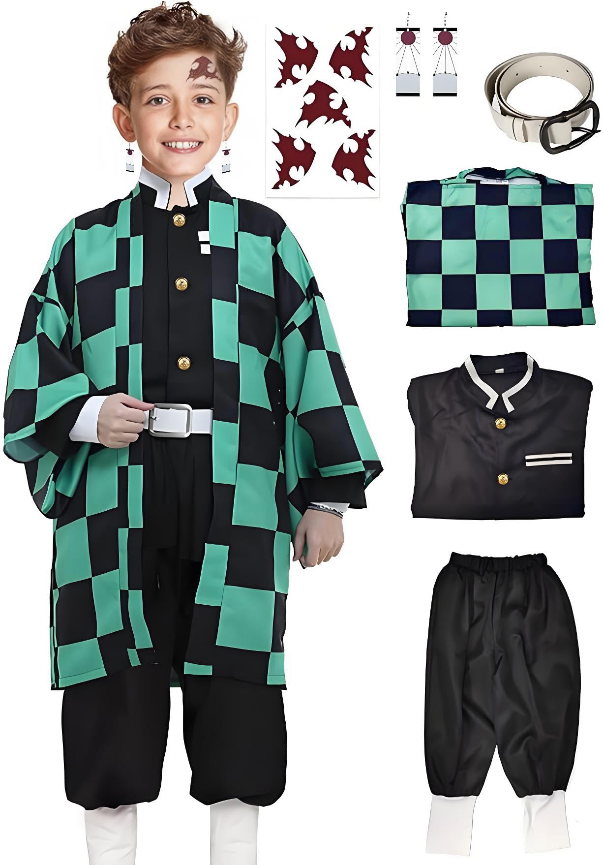 UQJE Kids Kamado Tanjir Cosplay Costumes Anime Tanjir Cosplay Outfit Halloween Kimono Set