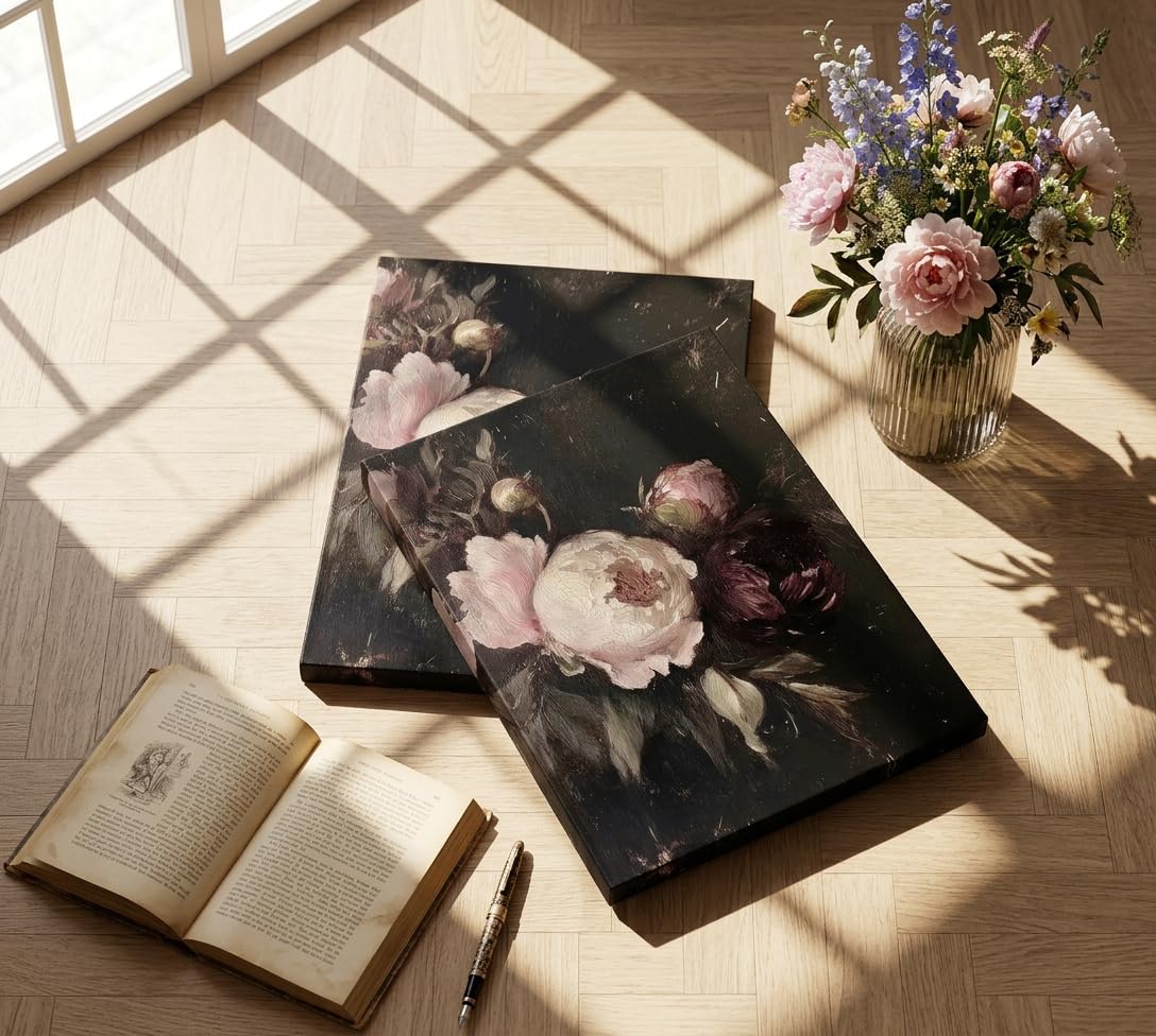 KKJ Vintage Floral Canvas Wall Art Set of 2, Dark Moody Peony Rose Painting Prints, Canvas Wrapped Wall Decor for Living Room Bedroom Bathroom, 12 x 16 Inch Each