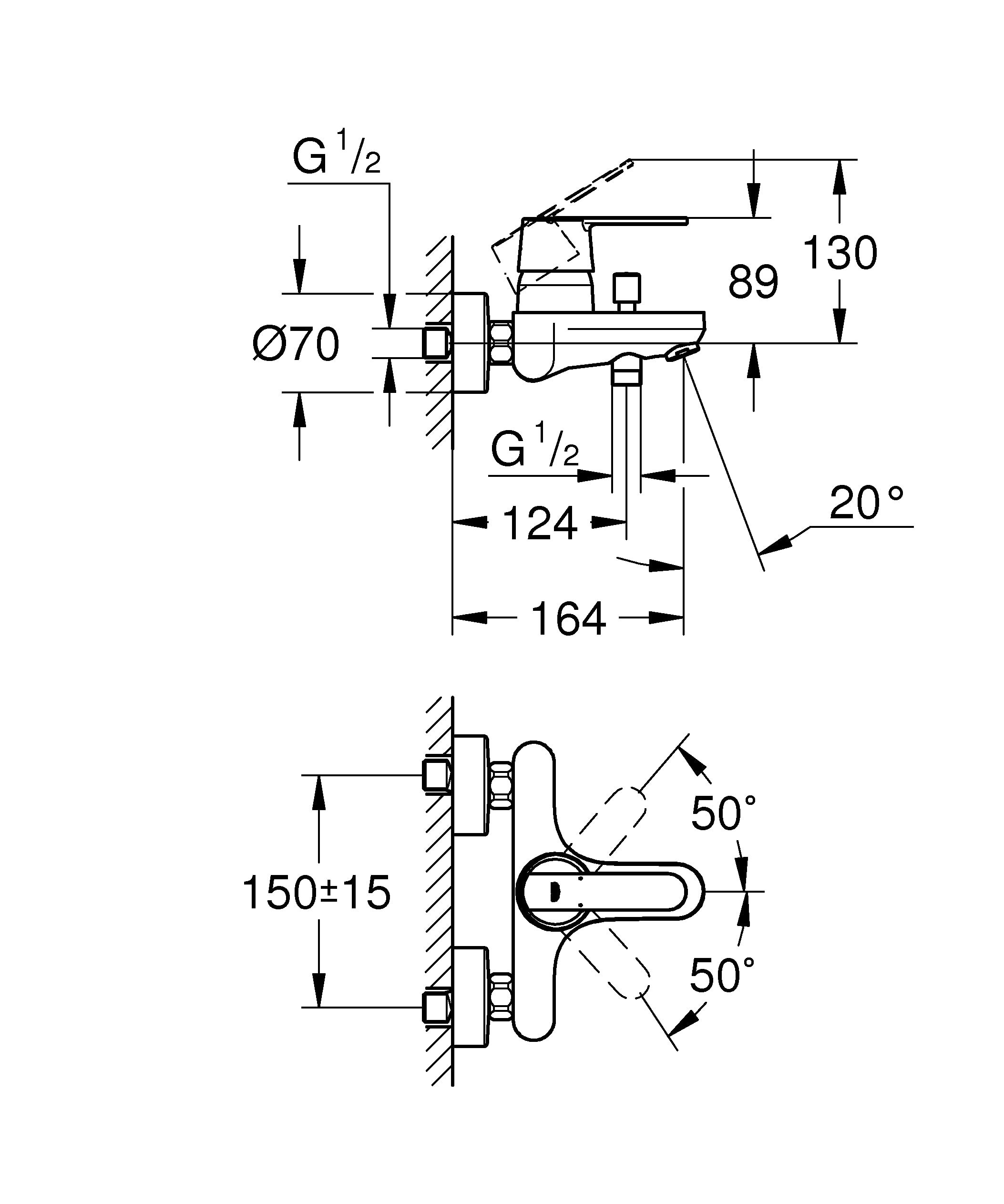 GROHE Get Mitigeur Monocommande Bain/Douche avec Inverseur Automatique (Apparent Montage Mural, Levier Métallique, Cartouche Céramique 46 mm, Protection Contre le Retour d’Eau), Chrome, 32887000