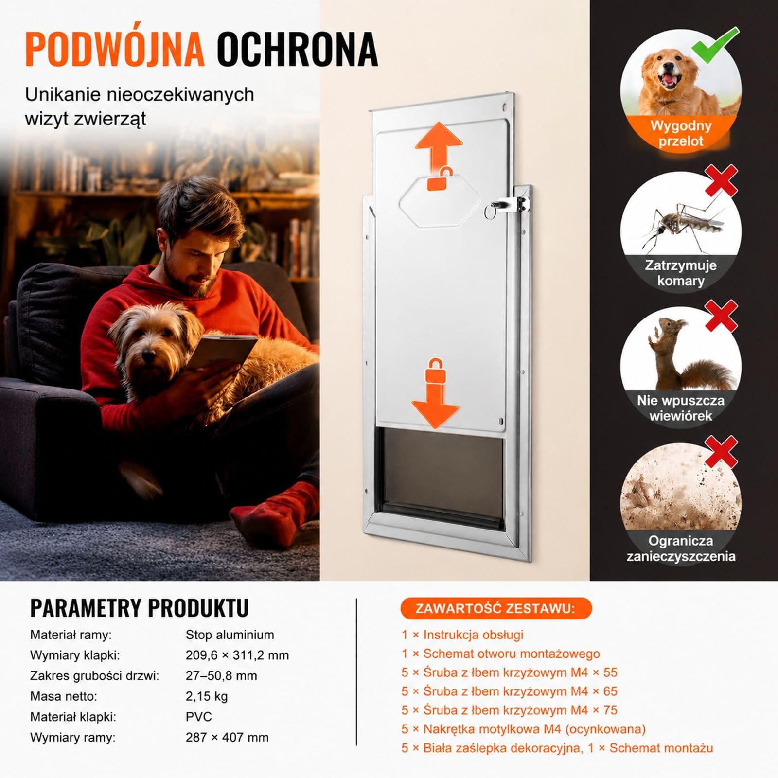Klapka dla zwierząt dla kota i psa, aluminiowa rama, magnetyczny system klapy, biała, do montażu w drzwiach