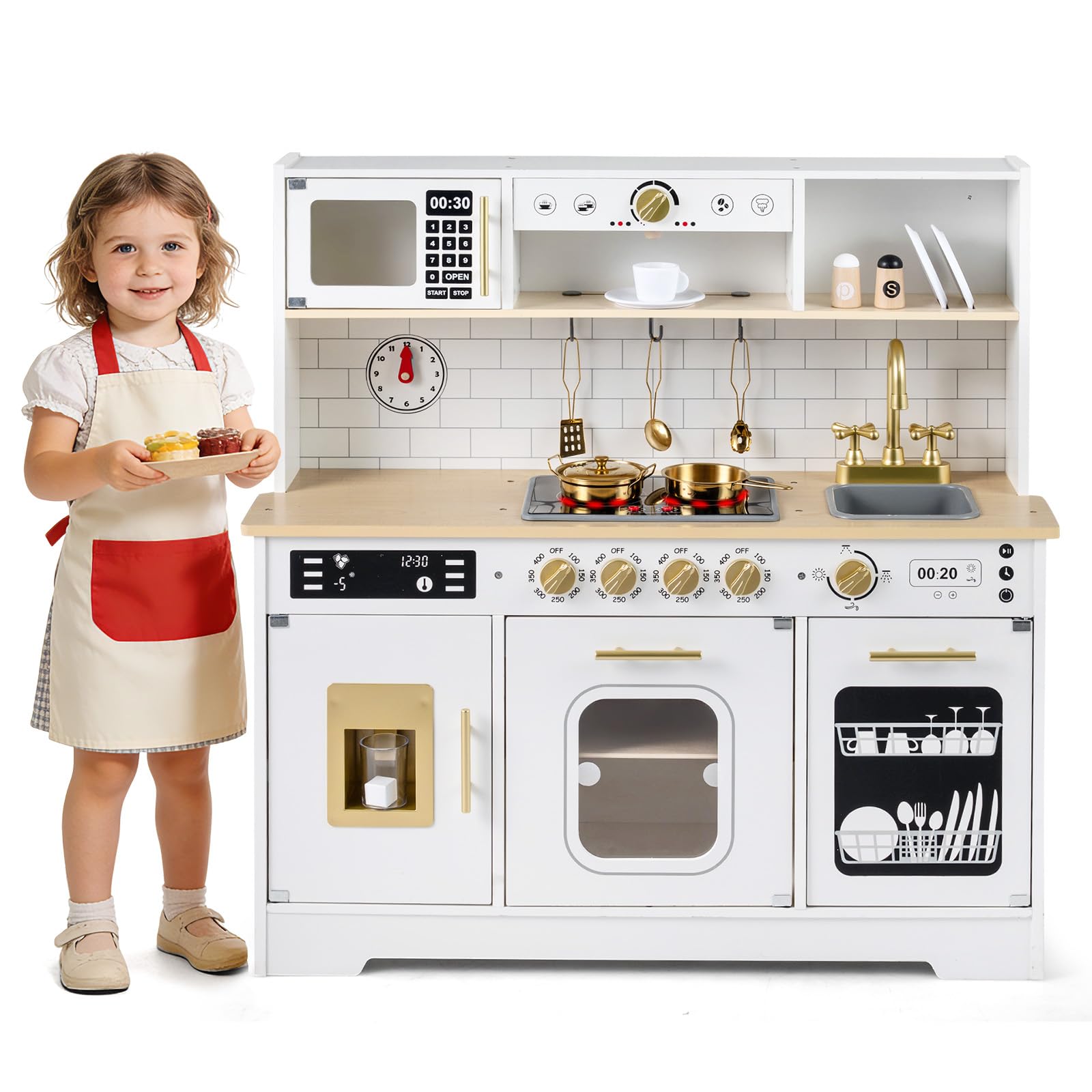 COSTWAY Cucina Giocattolo per Bambini, Set Cucina in Legno con Luci e Suoni Realistici, Fornelli, Lavandino, Rubinetto, Forno, Microonde e Macchina del Caffè, per Bambini 3+ Anni (Bianco)