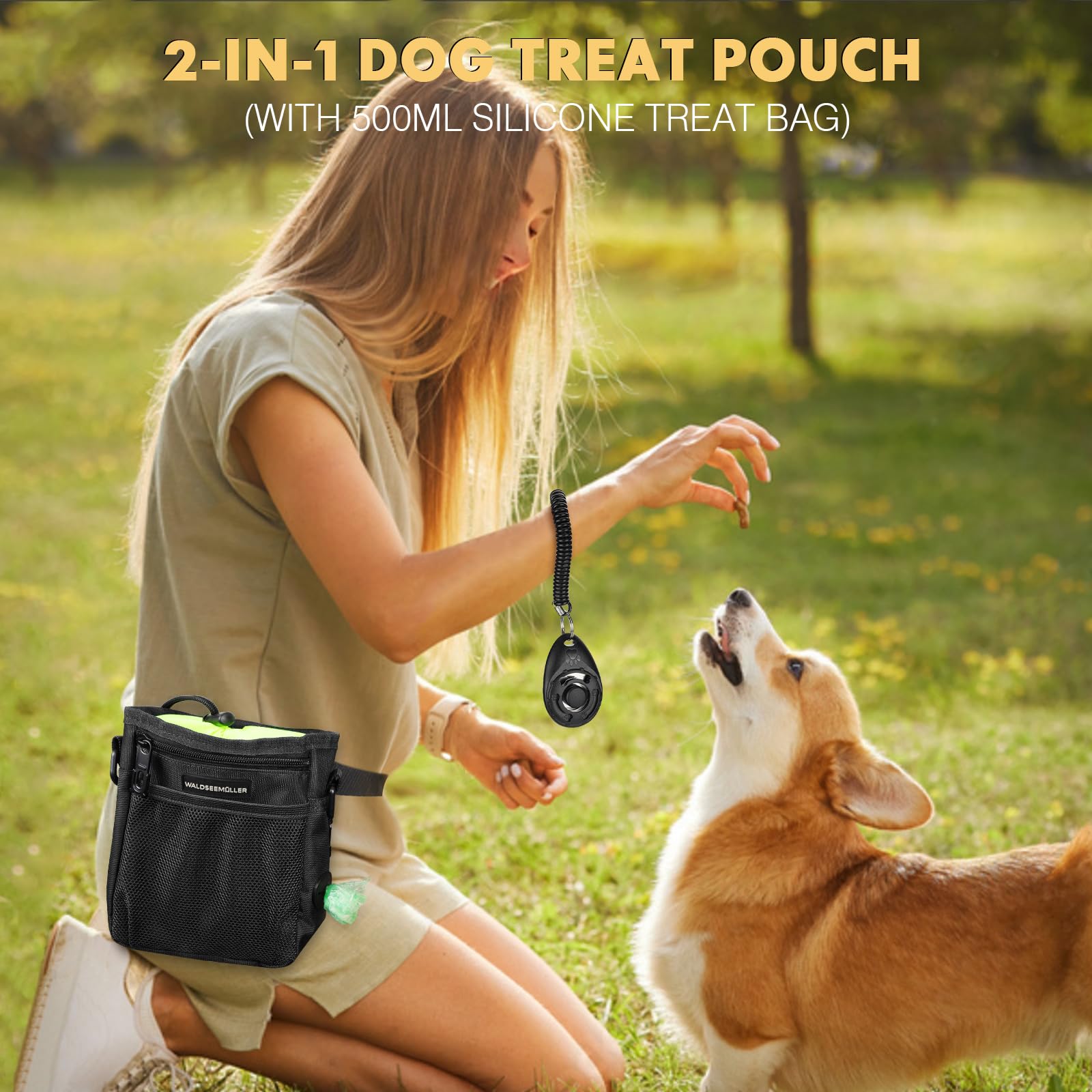 Waldseemller Dog Treat Pouch with Removable Silicone Snack Bag Waste Bags Dog Training Clicker, 3 Ways to Wear Walking Fanny Pack - Image 2