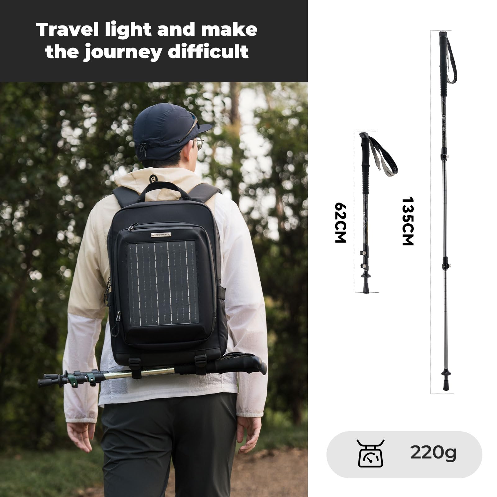 Bâton de Marche Pliable Léger en Aluminium 6061, Équipement de Randonnée Réglable 62–135 cm avec Poignée Antidérapante et Accessoires Tout-Terrain 1 Pièce