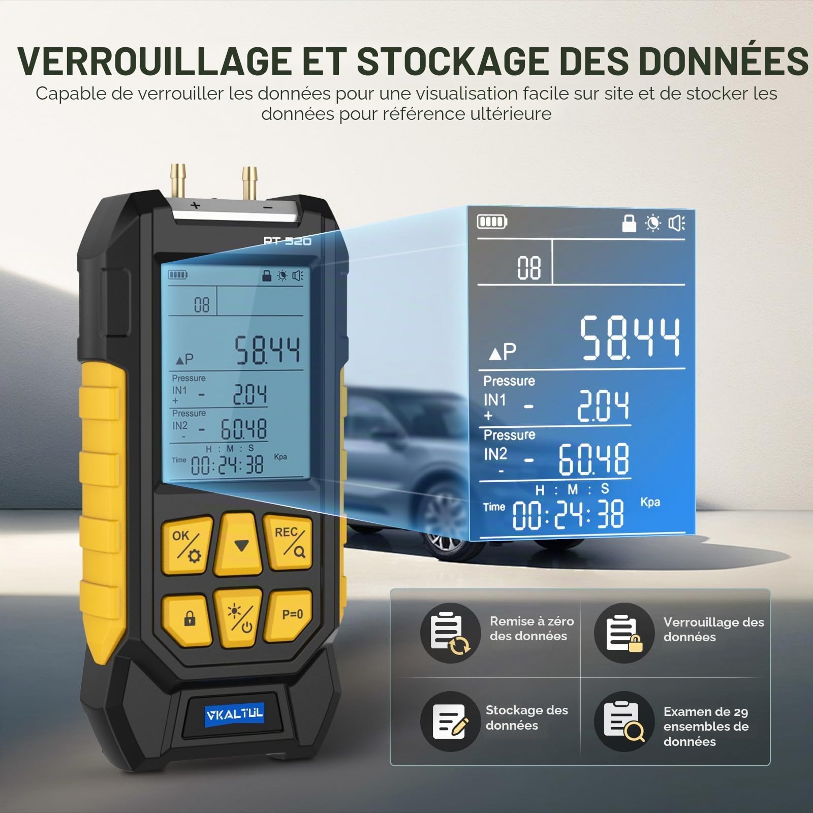 Manomètre numérique PT520,Manomètre à eau,Manomètre à air comprimé à haute précision, 10 valeurs de mesure, 29 mémoires de données, plusieurs adaptateurs de mesure, -1000~2000mbar, -100~200Kpa