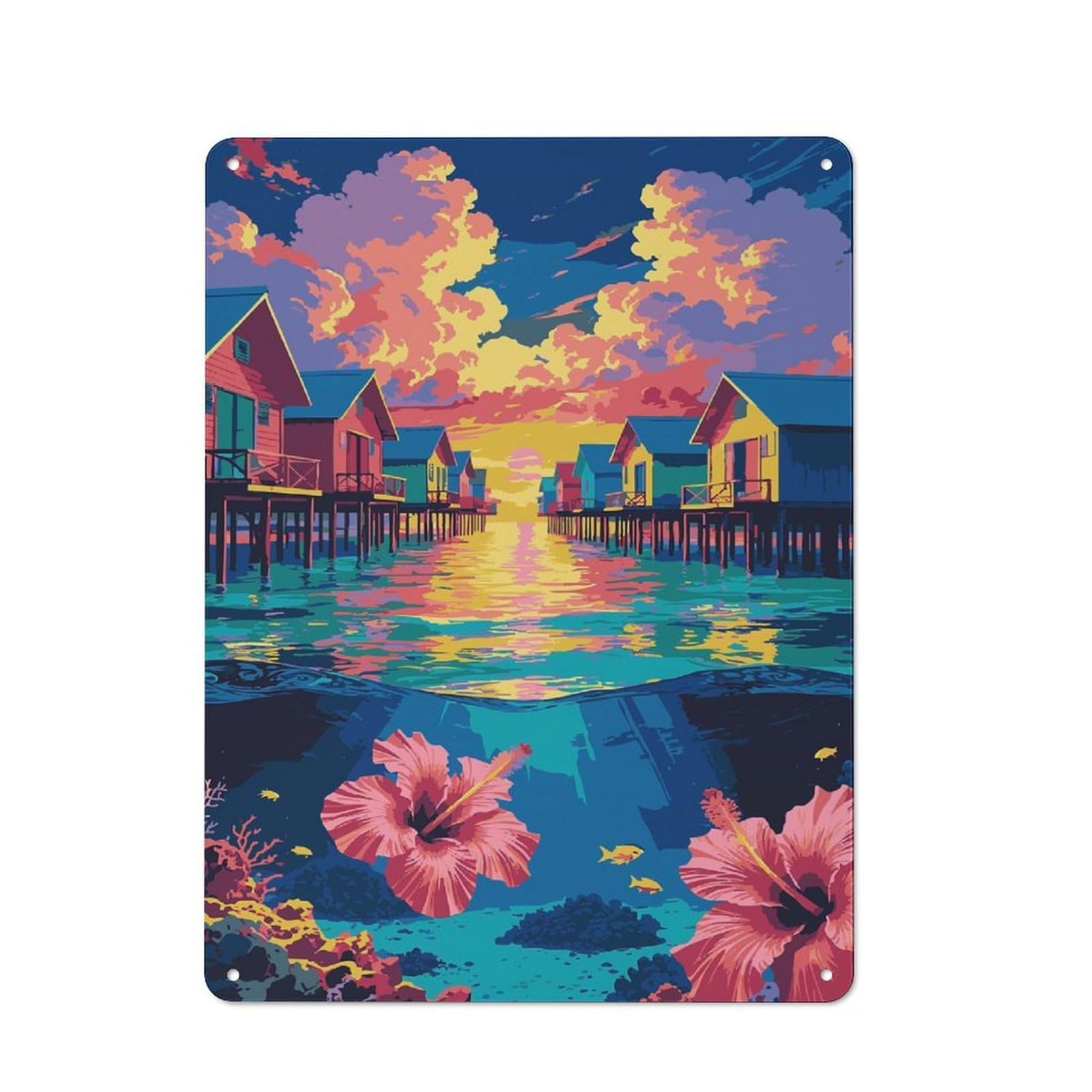 Junmoney Style-7 Tin Wall Plaque 40X30cm With Tropical Overwater Bungalows With Underwater Scene For Hobby Room Or Studio, For Kitchen, Dining Room And Home Bar Wall Decor