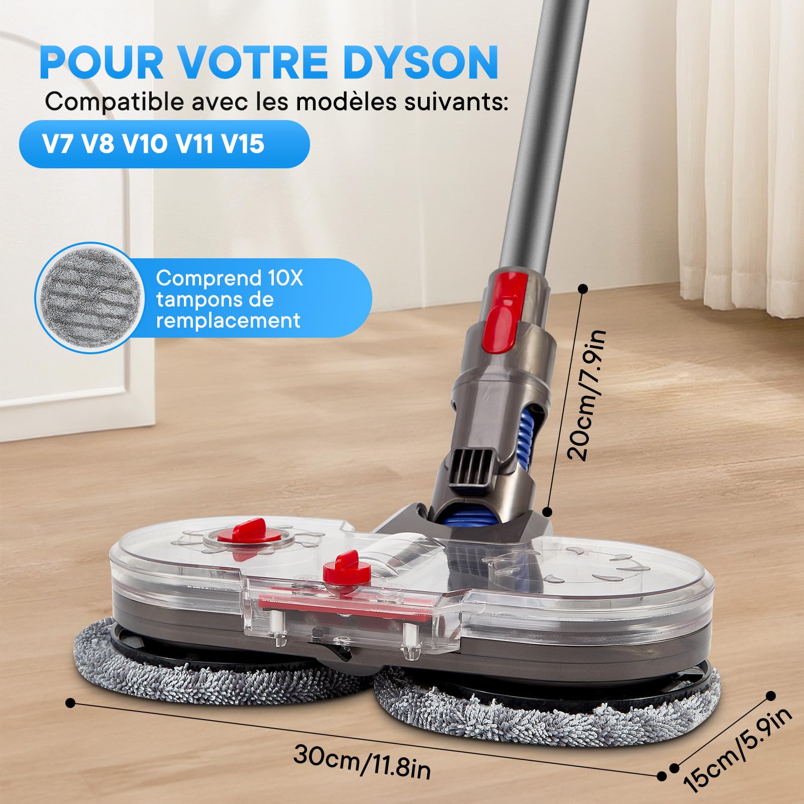 Tête de Vadrouille Électrique pour Dyson V7/V8/V10/V11/V15 | Serpillière avec Réservoir d'eau Amovible et 10 Lingettes Lavables | Compatible Aspirateur Dyson