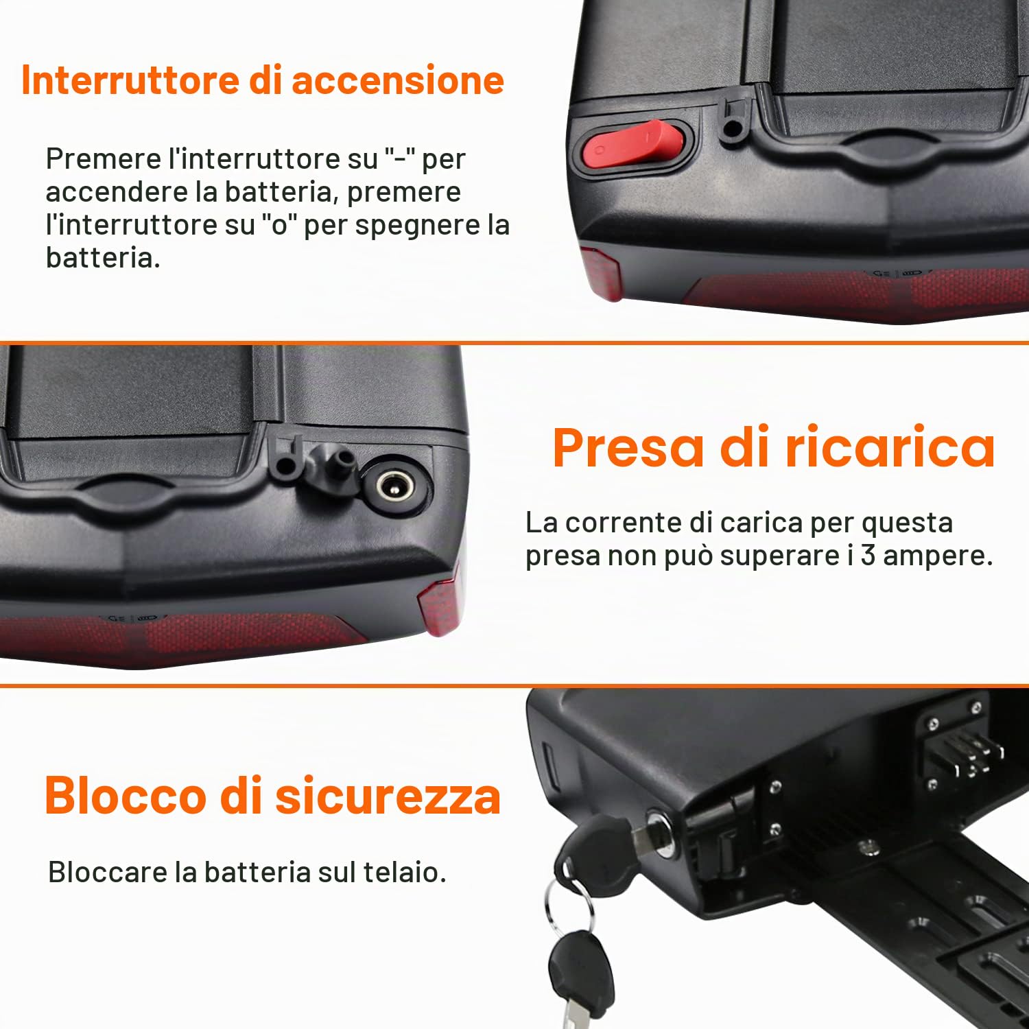 36 V 13 AH Batteria Bici Elettrica per Portapacchi con Caricabatterie, Interruttore di Accensione e Blocco di Sicurezza, Batterie per Biciclette Elettriche 26"- 28", per Motore