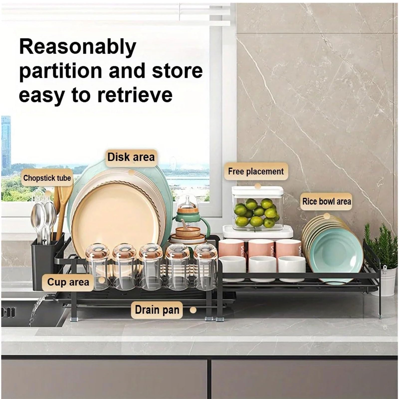 Escurreplatos Extensible 41-76cm,Escurridor Platos | Grande,en Acero al Carbono,Con Bandeja Recogegotas,Portacubiertos,Portavasos,Boquilla Extensible y Giratoria 360° Organizador Cocina Fregadero