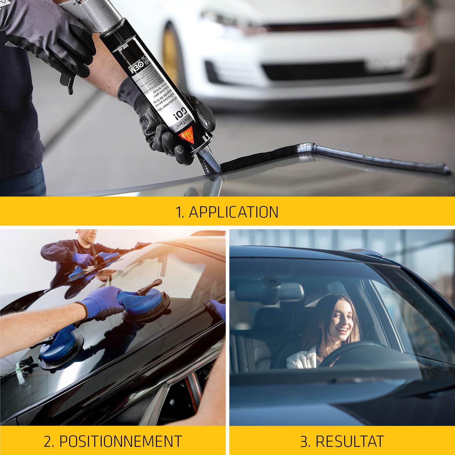 SIKA - Kit de remplacement de pare brise - SikaTack Go - Tout en un - Séchage rapide en 2 heures - Tous types de véhicules - Cartouche + Primer