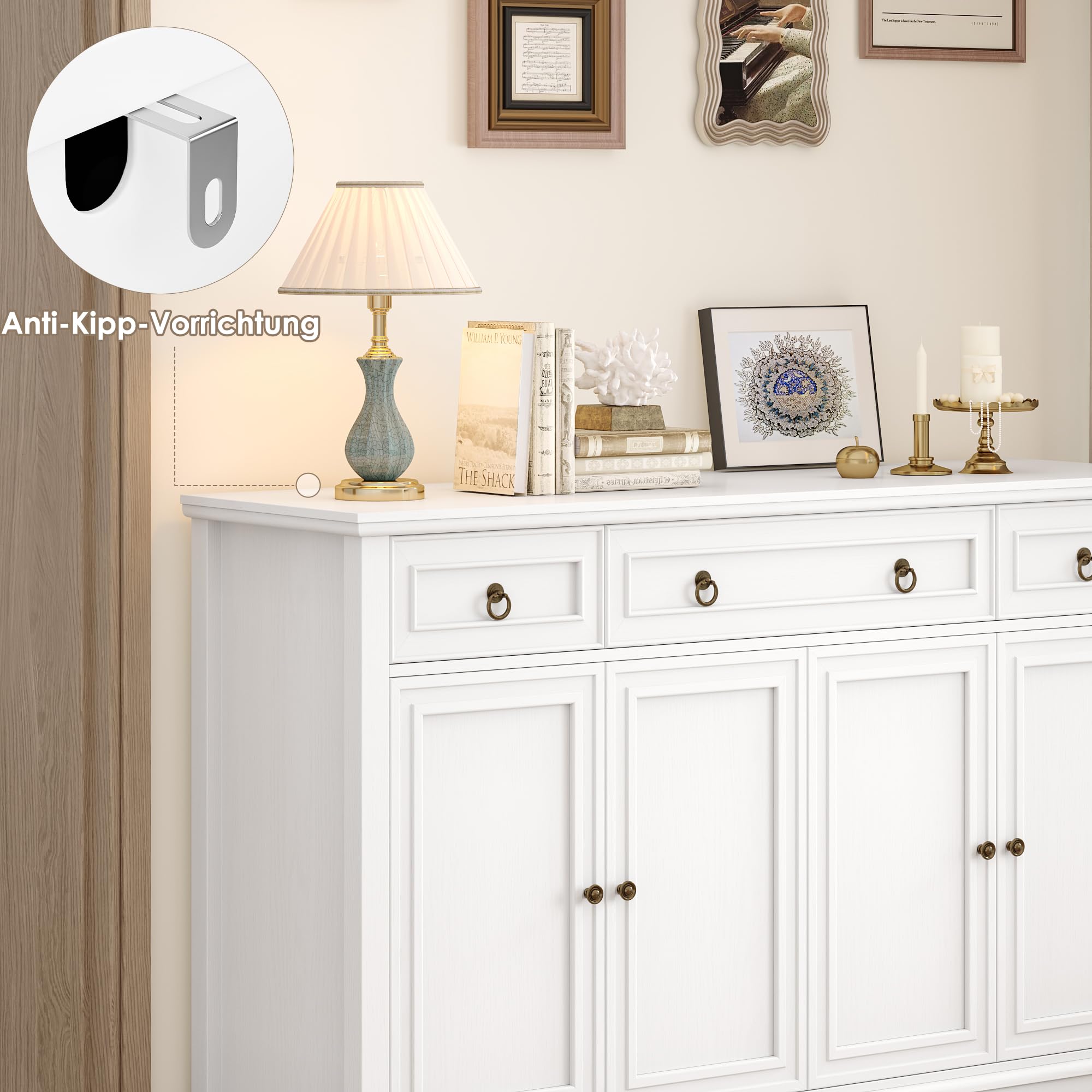 FirFurd Sideboard für Küche, Küchenschrank mit Arbeitsplatte, Weiß | Sideboard mit 2 Schubladen und 4 Türen, Wohnzimmerschrank, Küchenbuffet mit Verstellbares Regal, Buffetschrank, 134x87x40cm