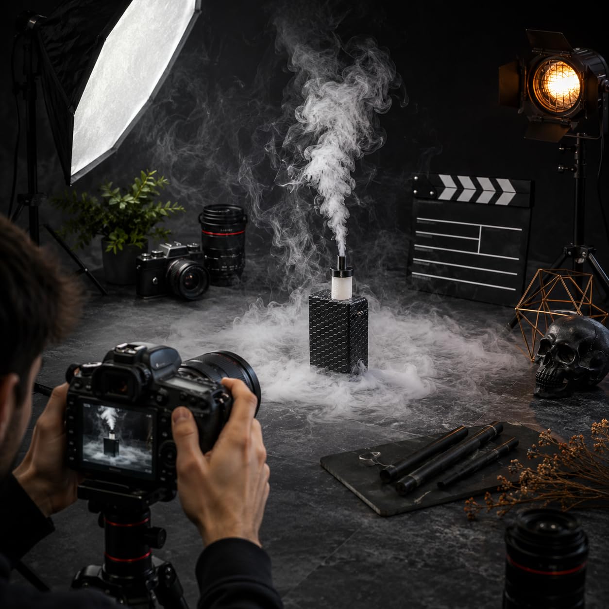 Encendido instantáneo, 3 niveles de humo, temporizador con protección automática, ideal para fotografía, vídeo, bodas y fiestas | Mini máquina de humo portátil con batería y mando a distancia