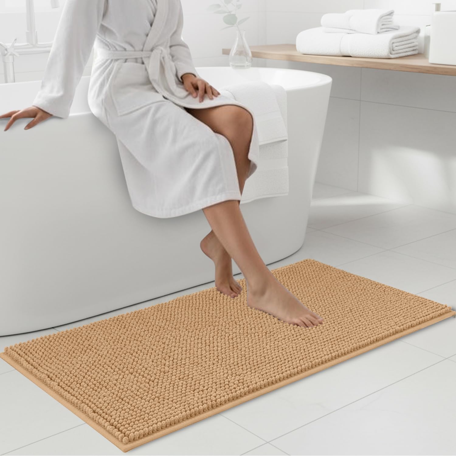Hafaa Bath Mat Non Slip Anti Mould – Beige Chenille Bathroom Mat 60 x 90 cm Machine Washable Bath mats Super Absorbent Extra Soft Fluffy Shower mat