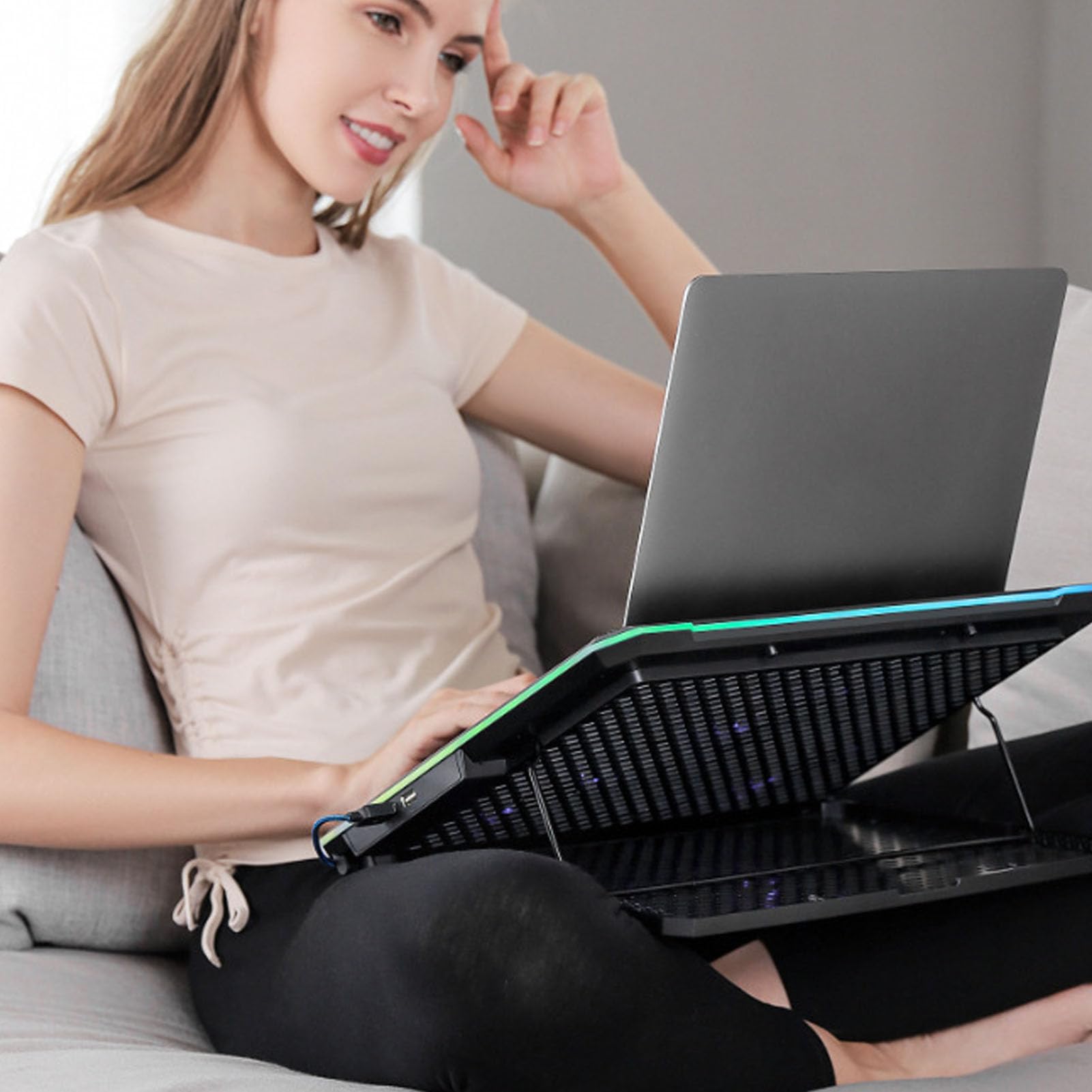Podkładka Chłodząca do Laptopa, Chłodziarka do Laptopa do Gier z 10 Wentylatorami Turbo 5 Regulowanych Prędkości Paska świetlnego RGB 10 Trybów dla Laptopów 12-19 Cali Tablety (14 fanów)