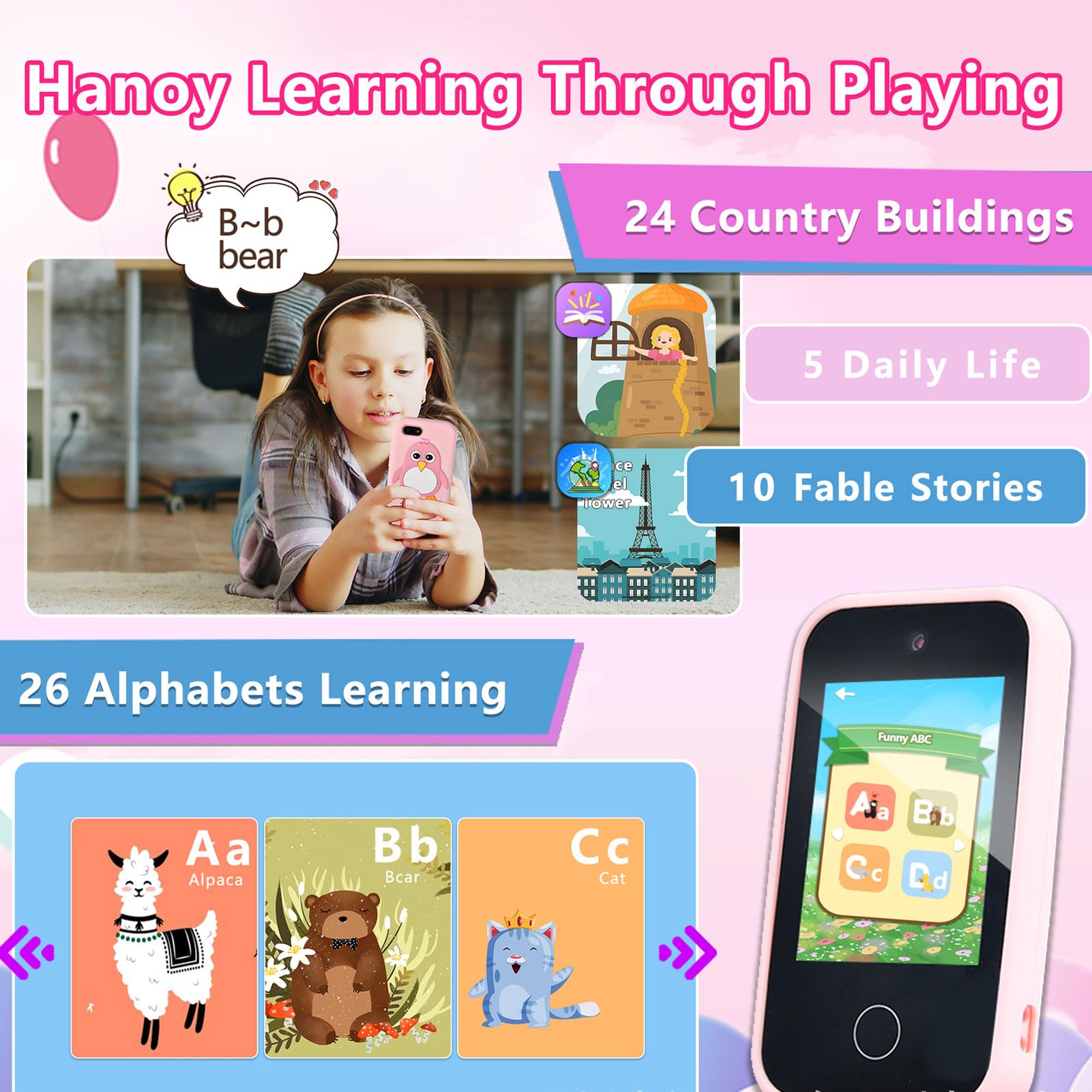 Smart Phone per bambini Touchscreen HD Doppia fotocamera 8 Giochi Sicurezza di caduta per ragazze Regalo con motivo animale carino