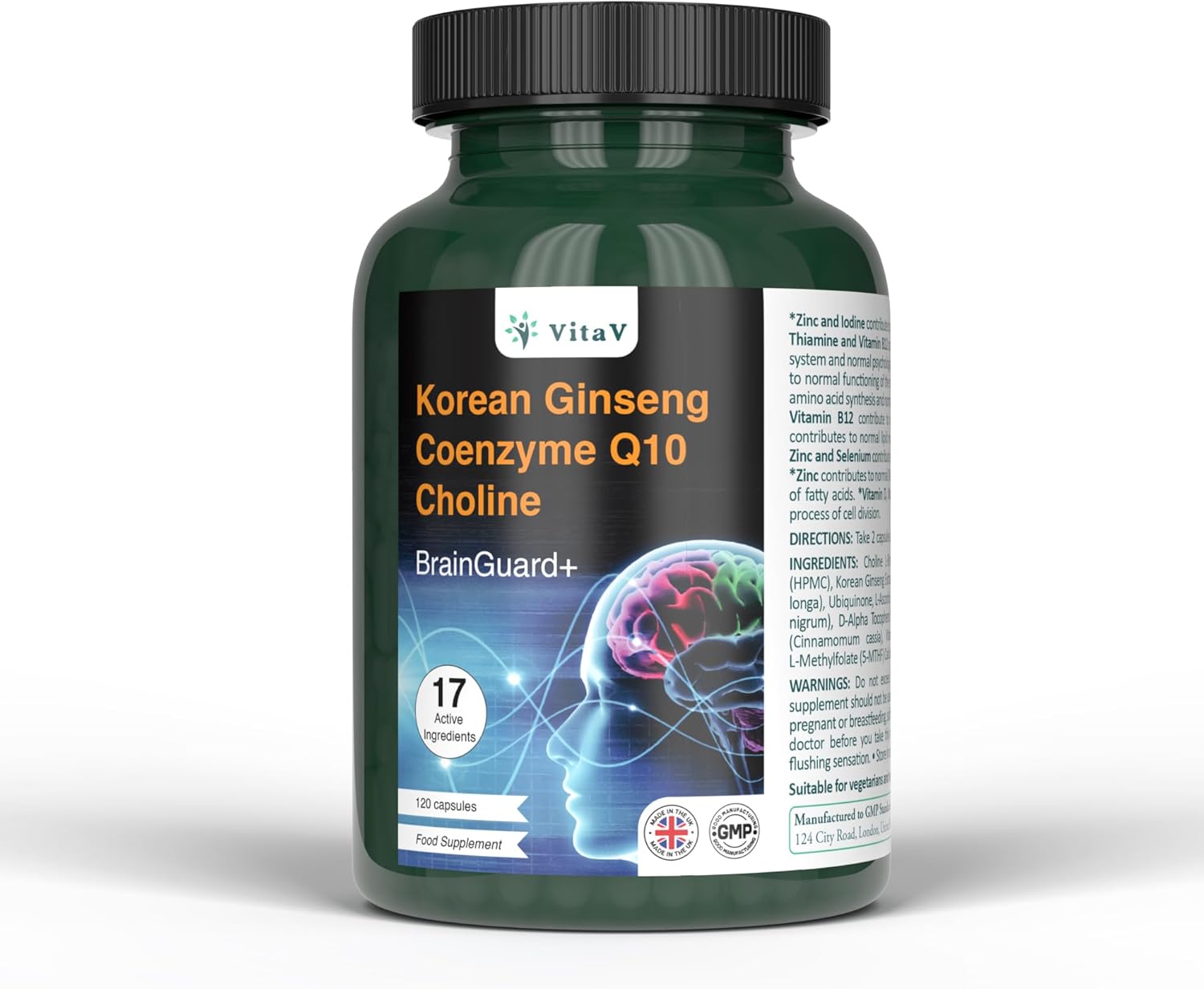 VitaV BrainGuard+ Korean Ginseng Coenzyme – Brain Supplement & Focus Supplement for Men & Women | Panax Ginseng Q10 Capsules for Memory, Cognitive Supplement & Energy Booster | 120 Capsules