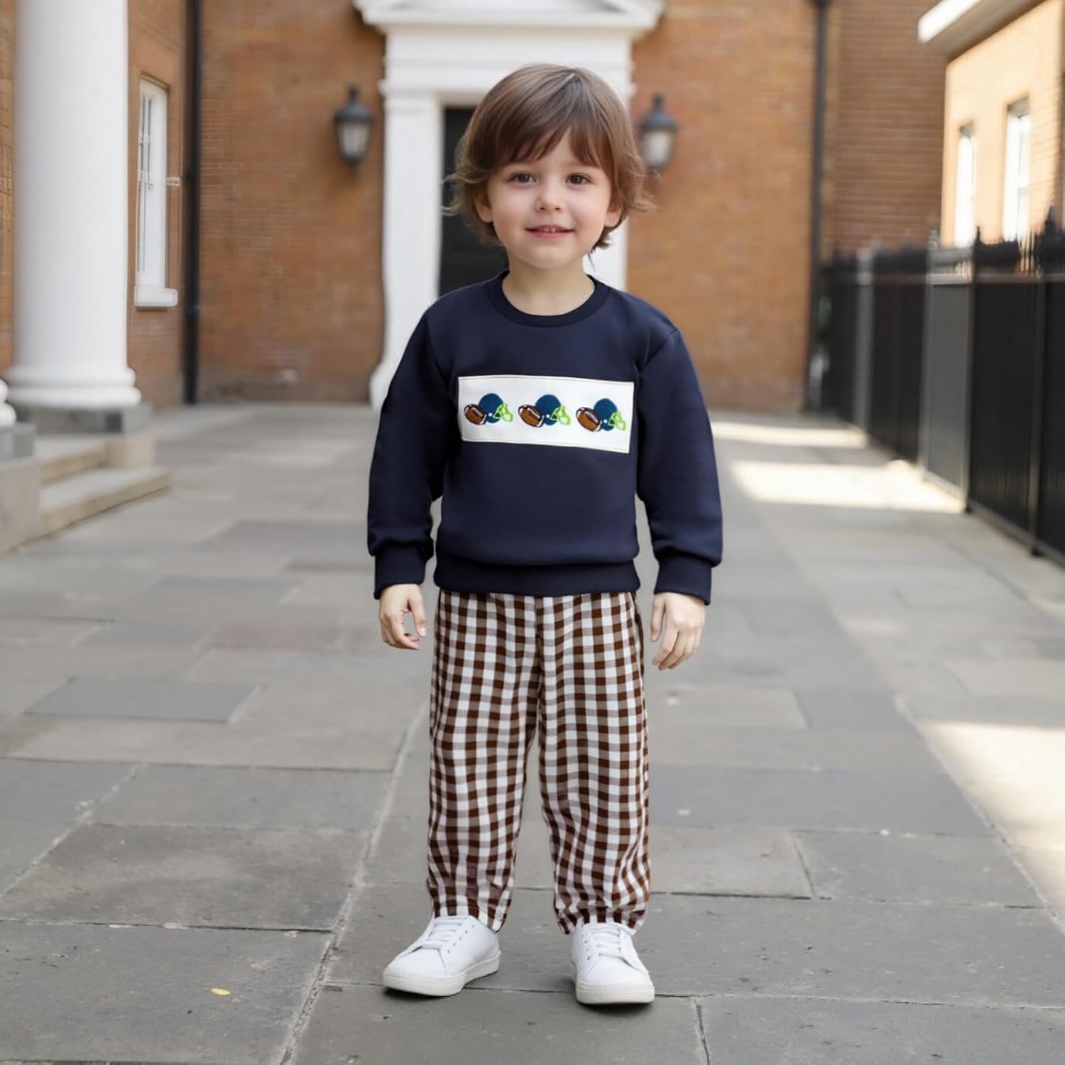 Toddler Baby Boy Football Smocked Outfit Long Sleeve Embroidery Crewneck Sweatshirt Gingham Pants Two Piece Clothes - Image 7