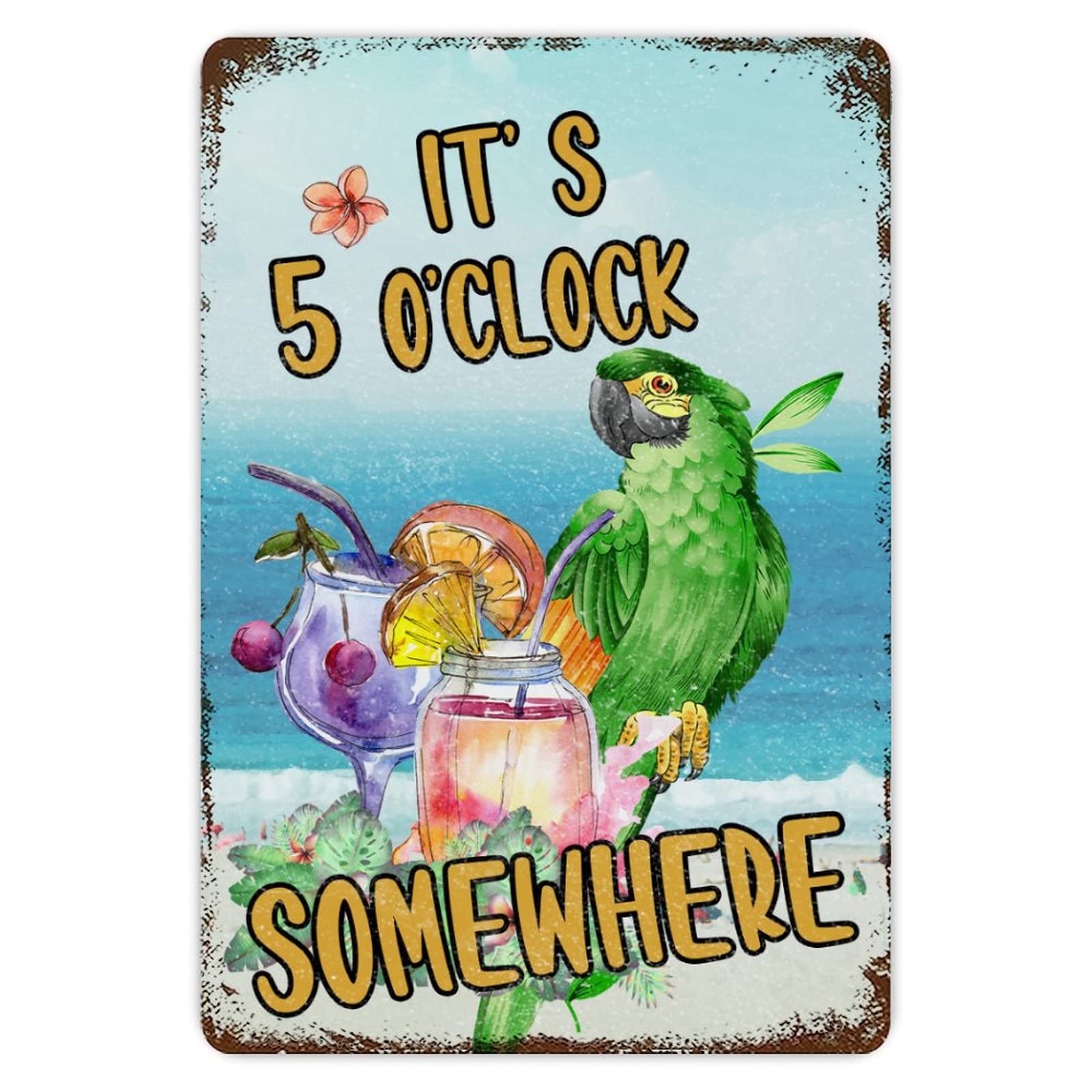 ENEDNATE Tiki Bar Sign It's Five O'clock Somewhere Parrot Metal Tin Sign 8x12 inch Outdoor Happy Hour Pool Beach Hot Tub Rum Time
