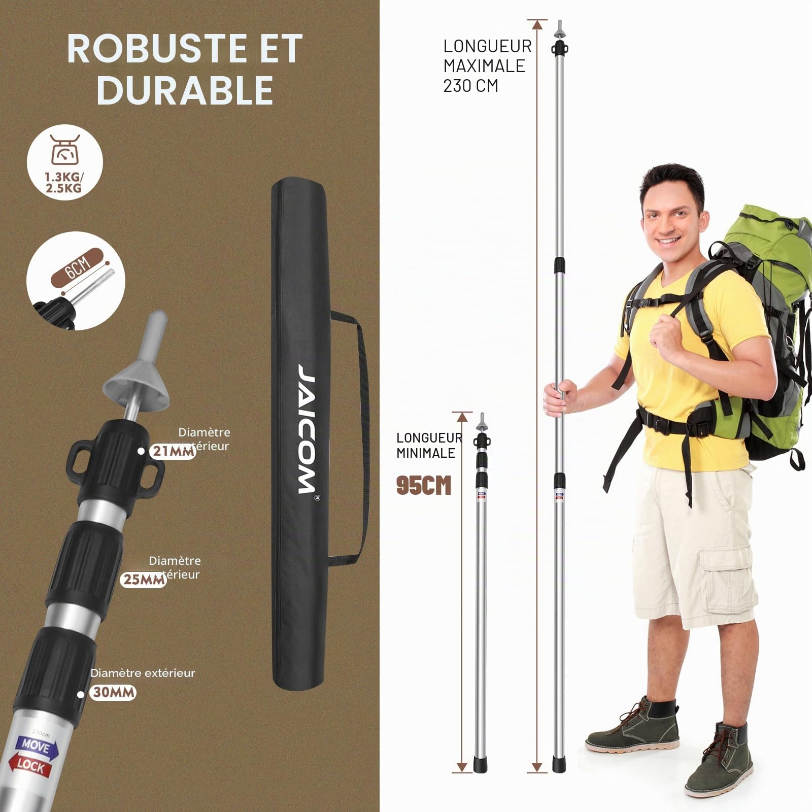 JAICOM Lot de 2-4 poteaux de Tente télescopiques en Aluminium - Extensible et réglable - 95 à 230 cm - pour Camping, Tente, bâche, auvent, Plage