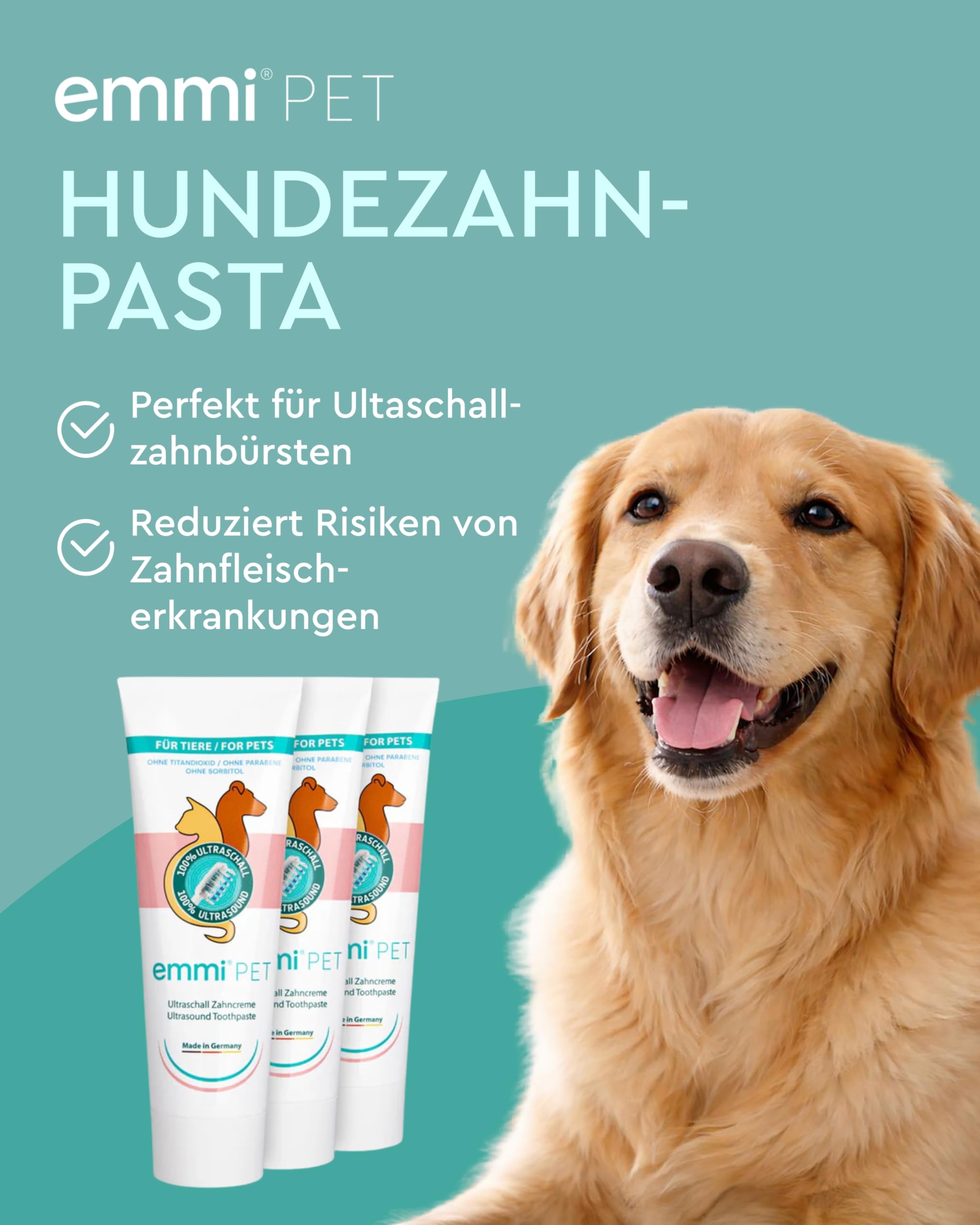 emmi-PET PRO Ultraschallzahnbürste für Hunde I Ultraschall Zahnpflege I Bis zu 96 Mio. Schwingungen/Min. & 12 Tage Akkulaufzeit I Inkl. Ladestation, Zahncreme & Aufsätzen I German Engineering