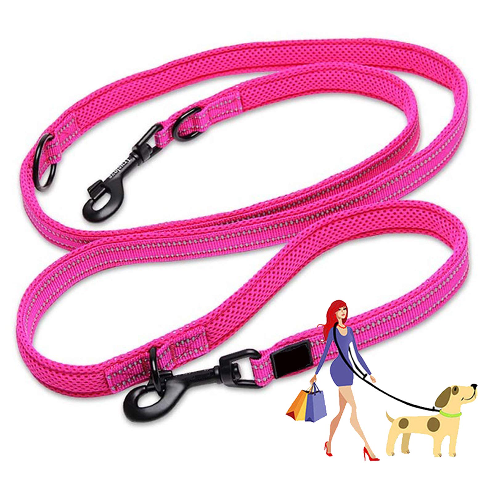 PJDDP Dog Lead Hands Free Dog Leash,Double Ended Dog Training Lead, Multifunctional Strong Nylon Reflective Rope for Running Walking Hiking Biking for Large Dogs Or Medium Dogs,Pink,L