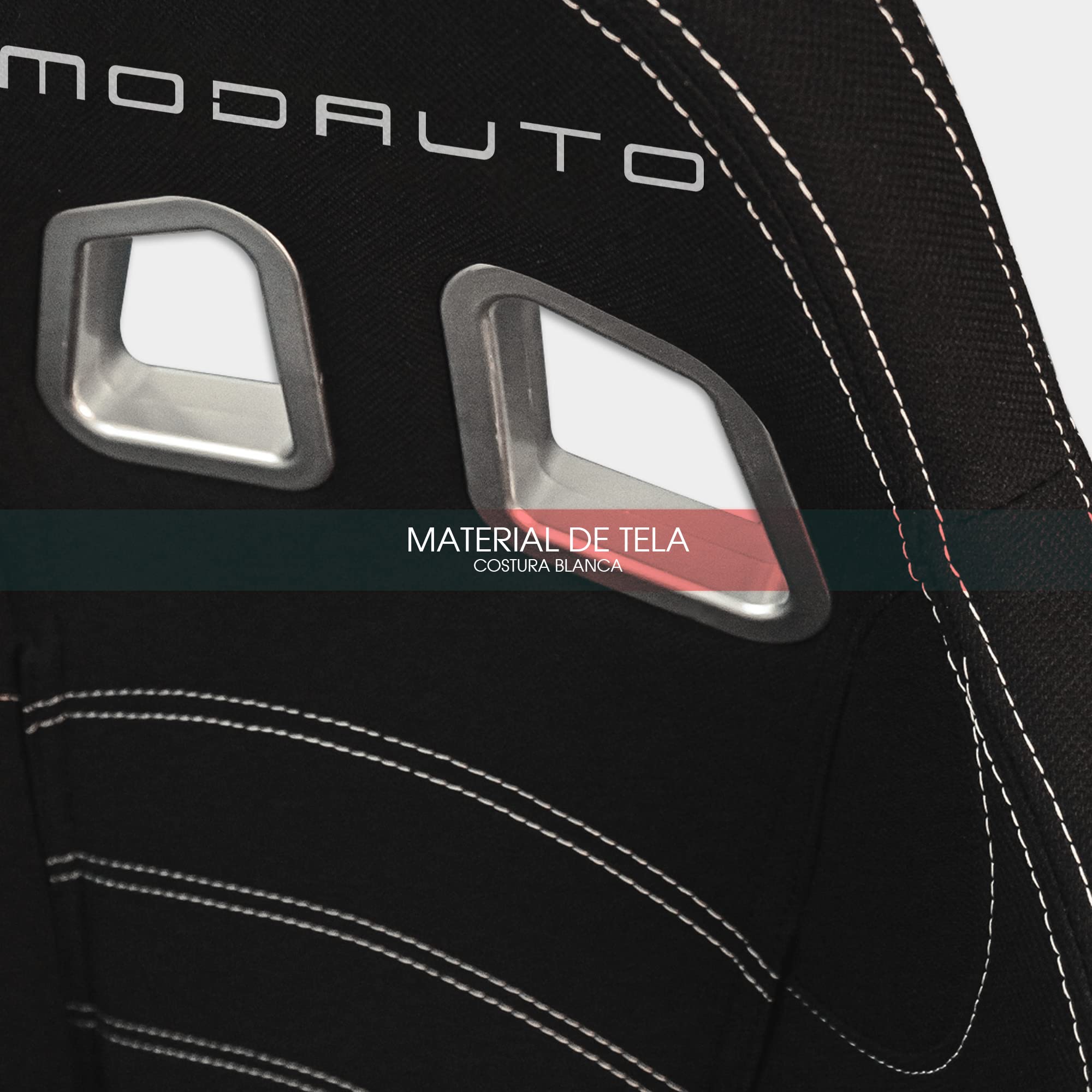 M MODAUTO Asiento Deportivo Coche,Semibaquet Ajustable,de Tela,Adaptable para Coches,Ríeles incluidos,para Simulador de Conducción,Modelo NW-180LR,Negro y Costura Blanca Logo,(Piloto+Copiloto)