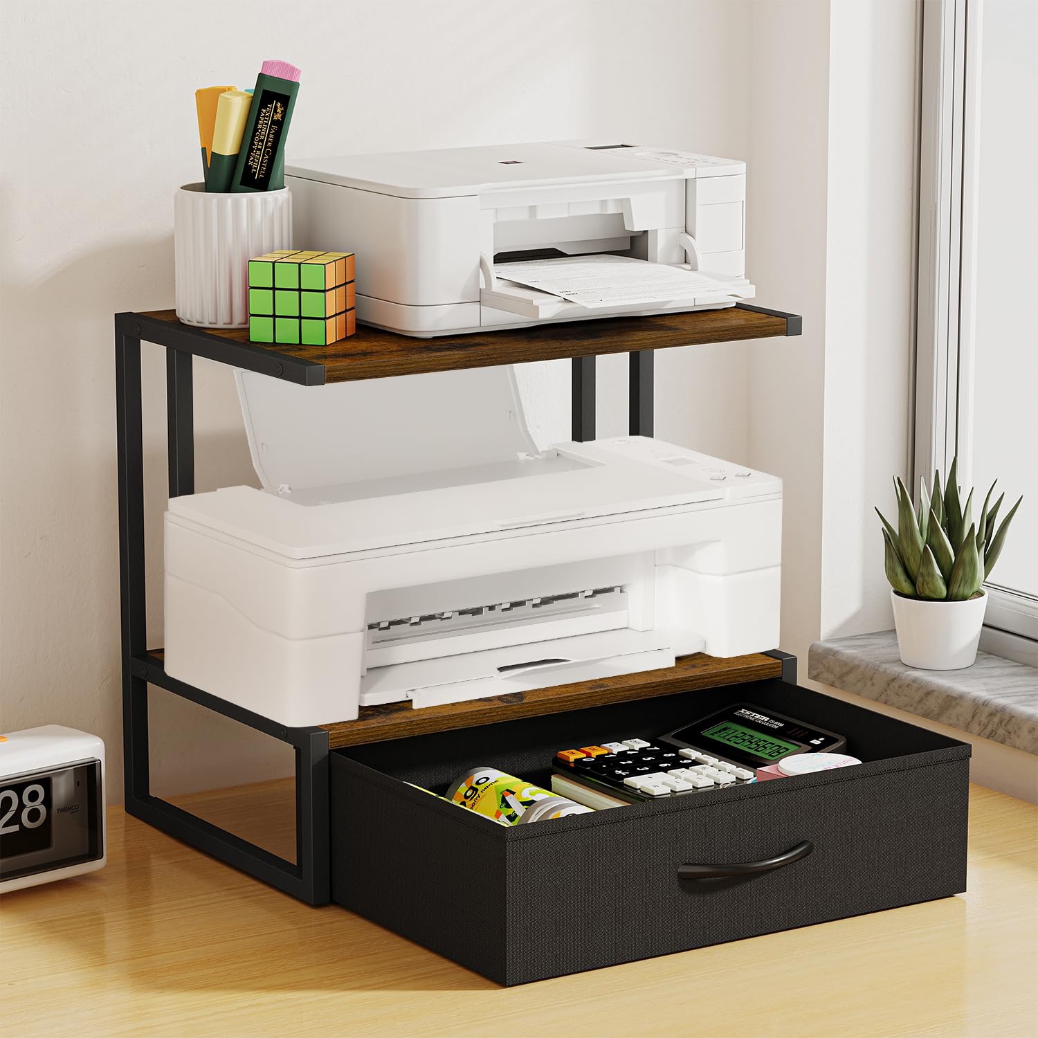 Soporte de impresora con almacenamiento para escritorio, con cajón de tela, soporte de impresora de escritorio, organizador para oficina en casa, para mesa de impresora sobre y debajo del 3