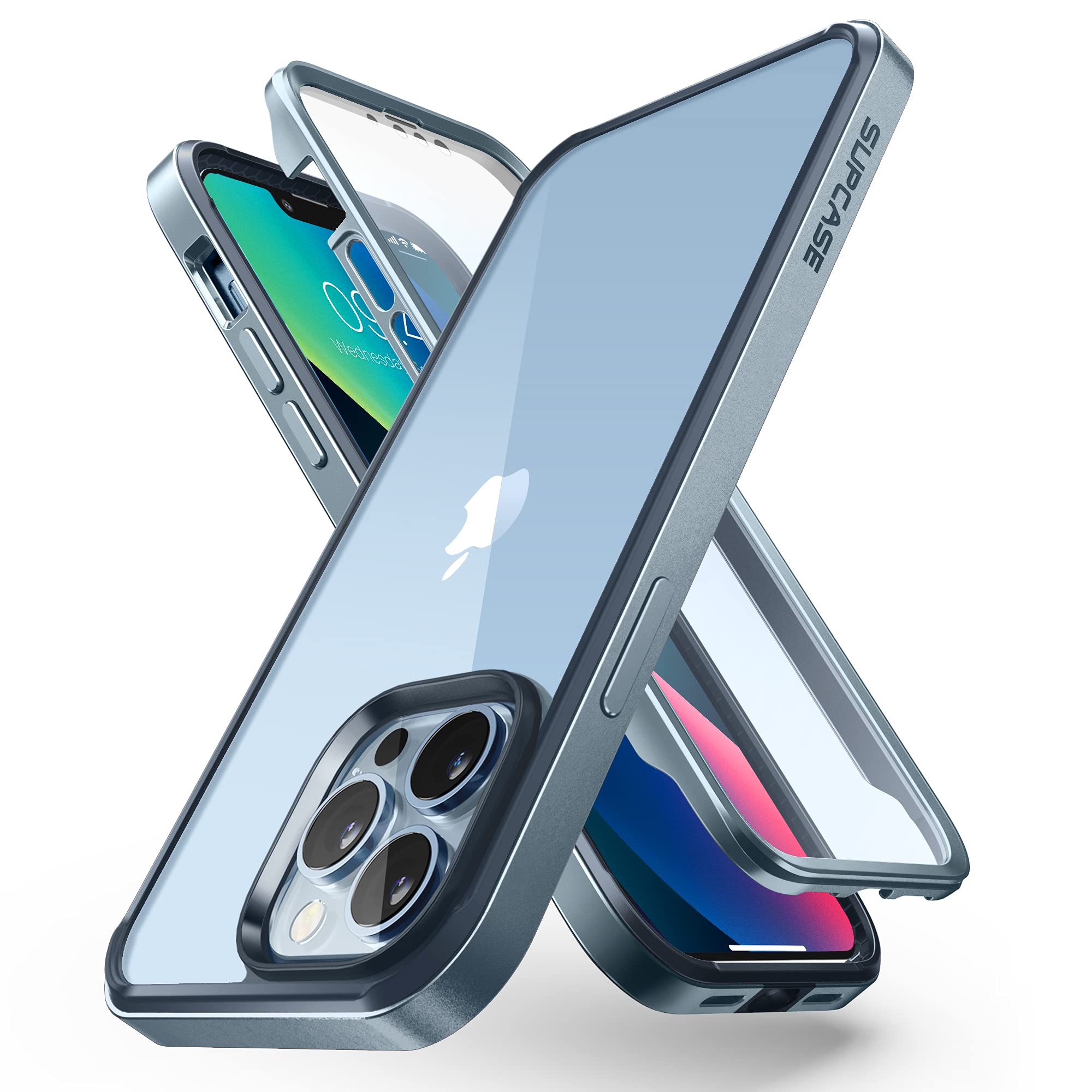 SUPCASE Thermoplastic Polyurethane UB Edge Pro Series Case for iPhone 13 Pro 2021 Release 6.1 inches, Slim Frame Clear Protective Case with Built-in Screen Protector (Cerulean)