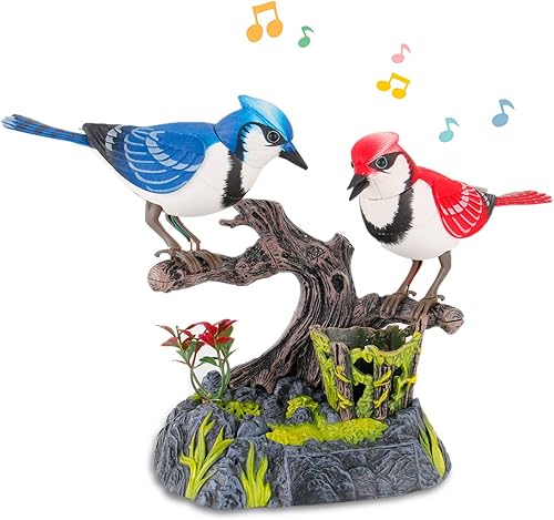 Liberty Imports Pájaros de juguete eléctricos para cantar y cantar arrendamientos azules eléctricos a pilas con movimiento realista, accesorios de