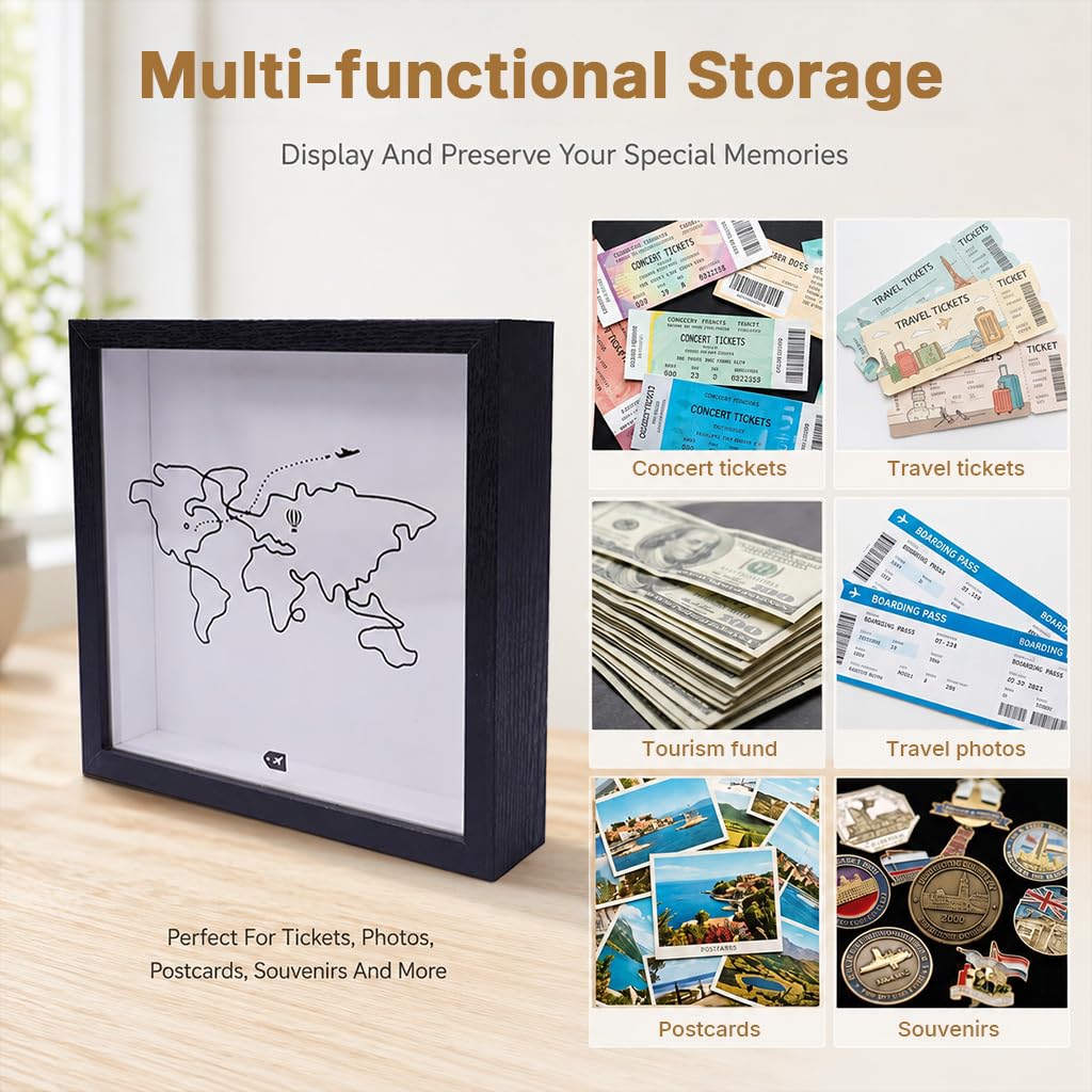 HASTHIP® Shadow Box Frame Travel Memory, Shadow Keepsake Box with Top Slot Wood Frame for Tickets Photos Souvenirs Wall Display Keepsake Decor, Memory Box 3