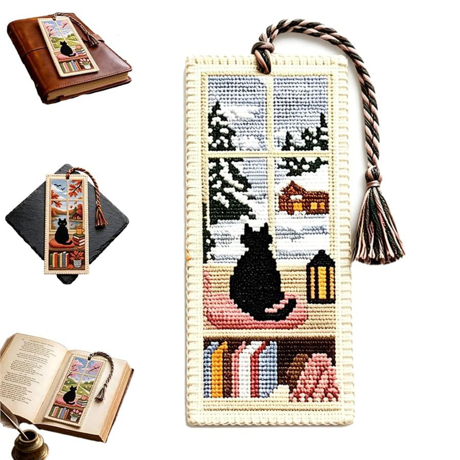 Seasonal Cat Cross Stitch Bookmark Kit for Adult Beginners, Cartoon Cat Embroidery Bookmarks, Black Cats Cross Stitch Bookmark Kit, Gift for Readers & Book Lover 1.6''x5.9'' (Winter)