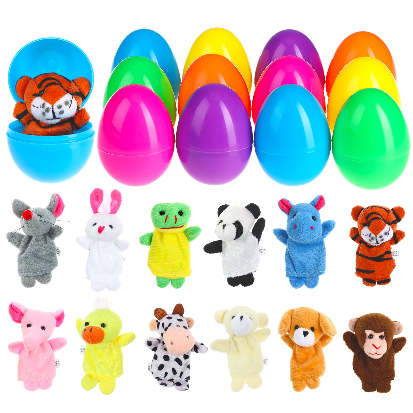 BILLMOSS Easter Eggs with Finger Puppets - 12 Packs Easter Basket Stuffers Party Favours for Kids Easter Eggs Hunt (Not Pre-filled)