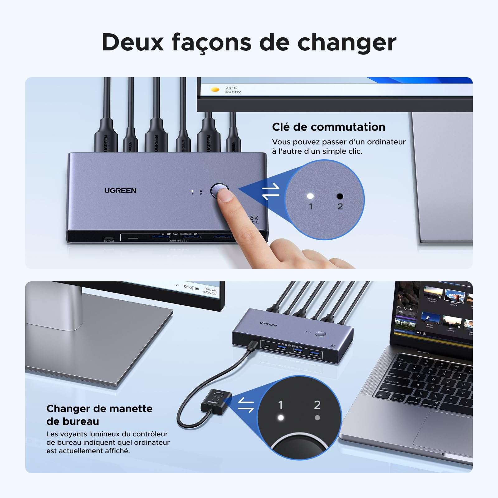 UGREEN Switch KVM Displayport 8K 60Hz 2 Entrées 1 Sortie | Commutateur DP 1.4 4K 240Hz 4 Ports USB 3A1C 5Gbps pour Clavier Souris Disque Dur Imprimante avec Contrôleur de Bureau