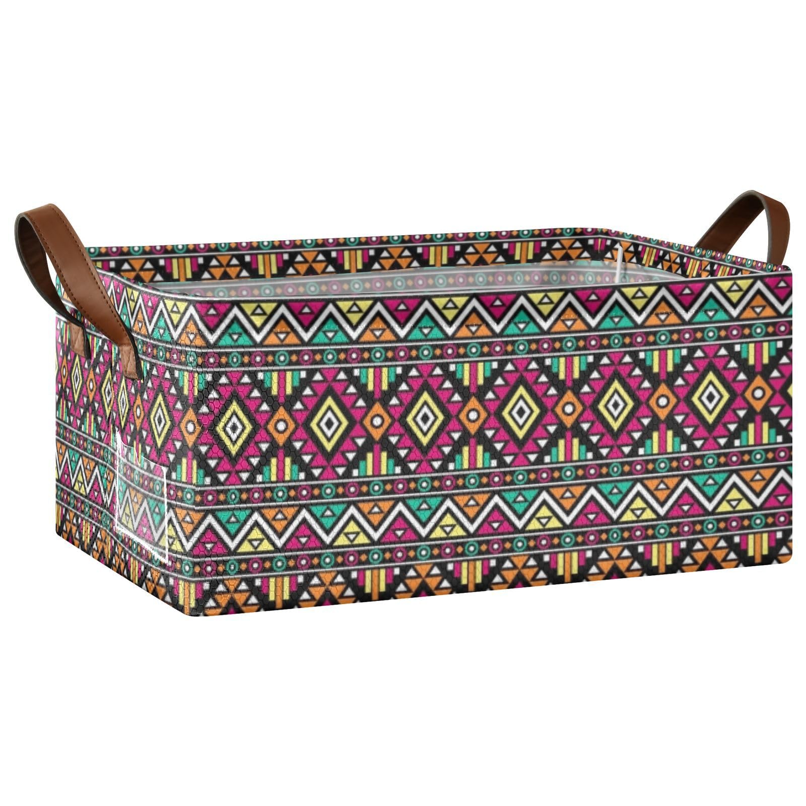 Fygkptb Bohemian Chic Bright Colorful Aztec Ethnic Ornament Seamless 1 PC Rectangle Foldable Frame Basket Leather Handles Storage Bin for Laundry Bathroom Organizer 16.9 x 11.4 x 7.7 inch