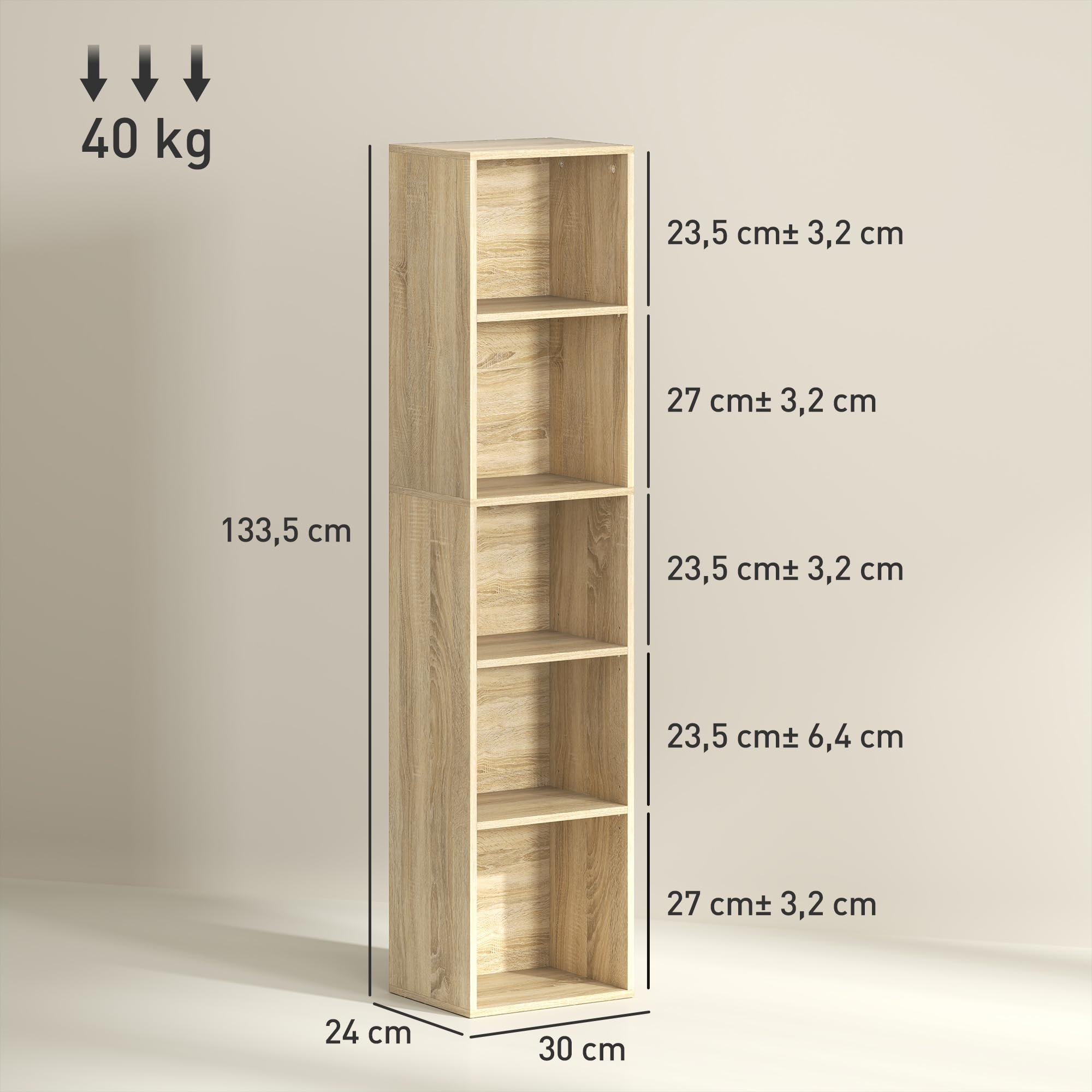 HOMCOM Bibliothèque Étagère de Rangement 5 Niveaux 30x24x133,5 cm Naturel | Meuble de Rangement avec Étagères Réglables, pour Salon, Chambre à Coucher, Bureau
