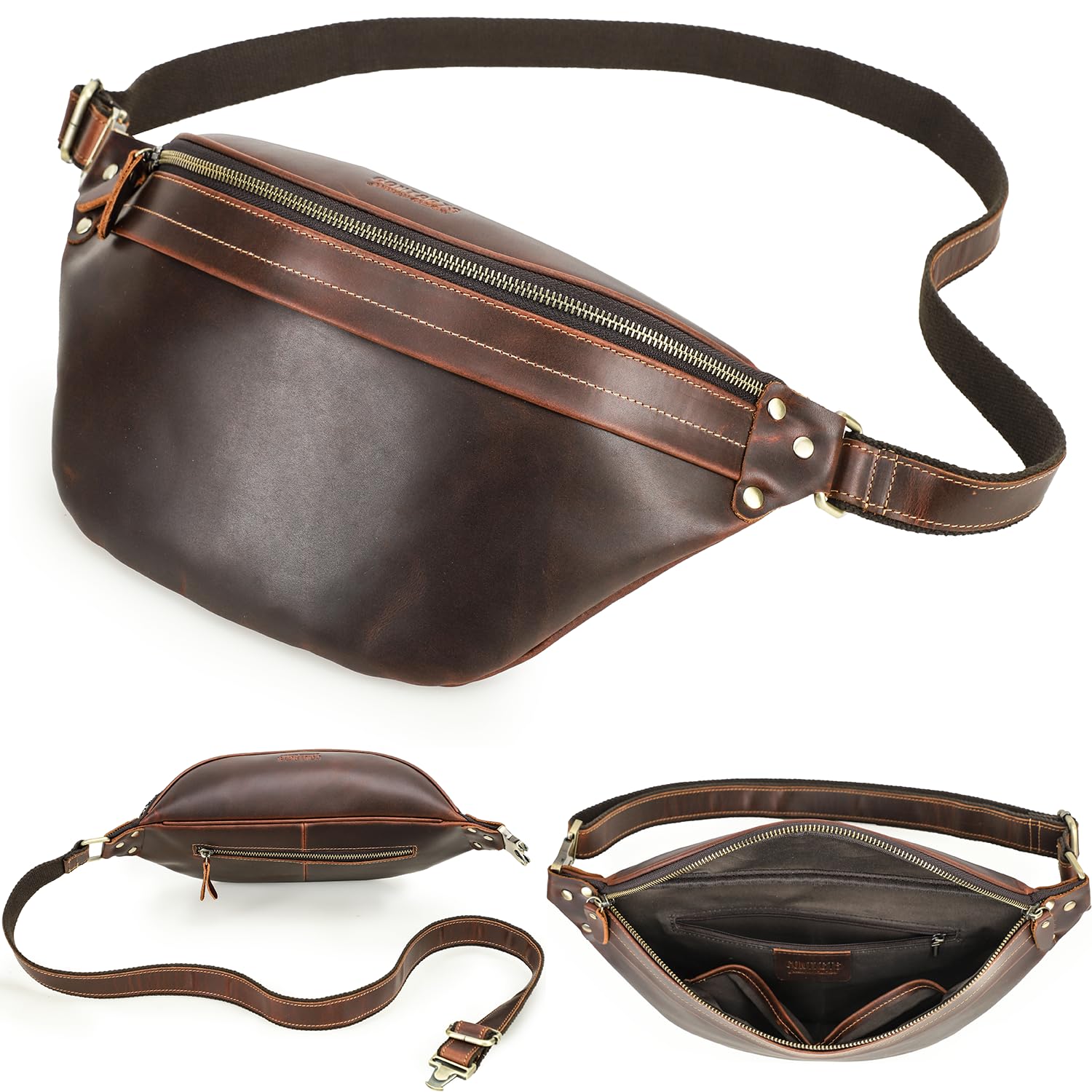 Top Grain Genuine Leather Slim Fanny Pack for Man & Woman, Minimalist Vintage Design, Handmade with Detachable Hardware, Slim Waist Pack Large