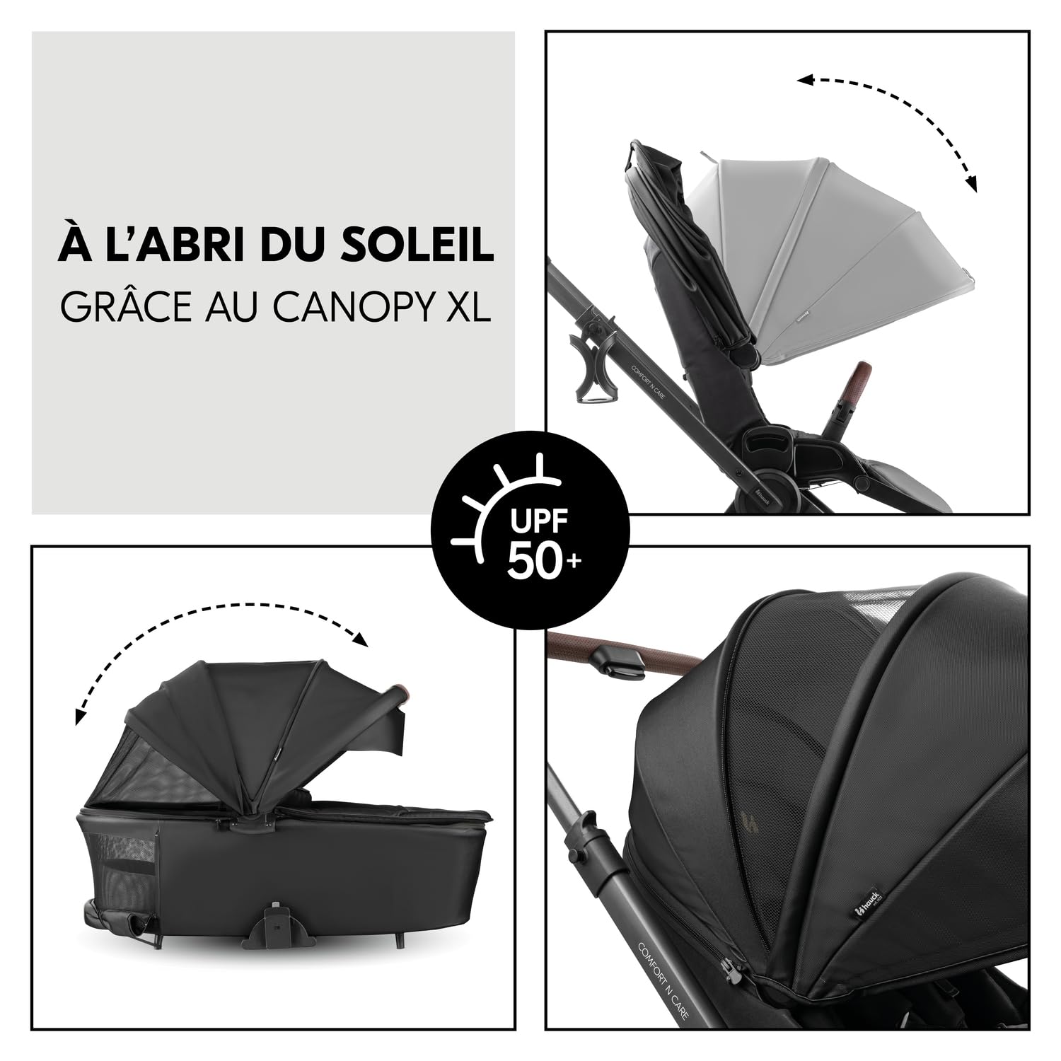hauck Poussette 2 en 1 avec Pneus en caoutchouc, Comfort N Care Set Black | De la naissance à 22 kg (4 ans), nacelle à boutons mémoire, siège réversible avec couvre-jambes, UPF 50+, adaptateurs cosy
