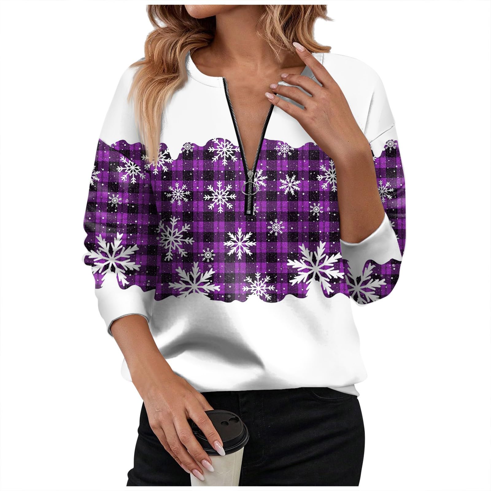 Women's Tops Christmas T-Shirt Print Half Zip Long Sleeve Sweatshirt Top Jumpers, S-3XL