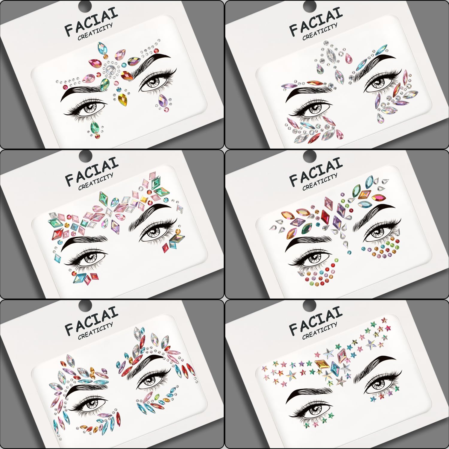 6 Pezzi Di Tatuaggi Con Brillantini E Gemme Adesive Per Viso - Multicolore, Ideali Per Halloween, Carnevale E Festival