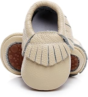 HONGTEYA Leather Baby Moccasins Hard Soled Tassel Crib Toddler Shoes for Boys and Girls (12-18 Months/5.12inch, begie) Beige