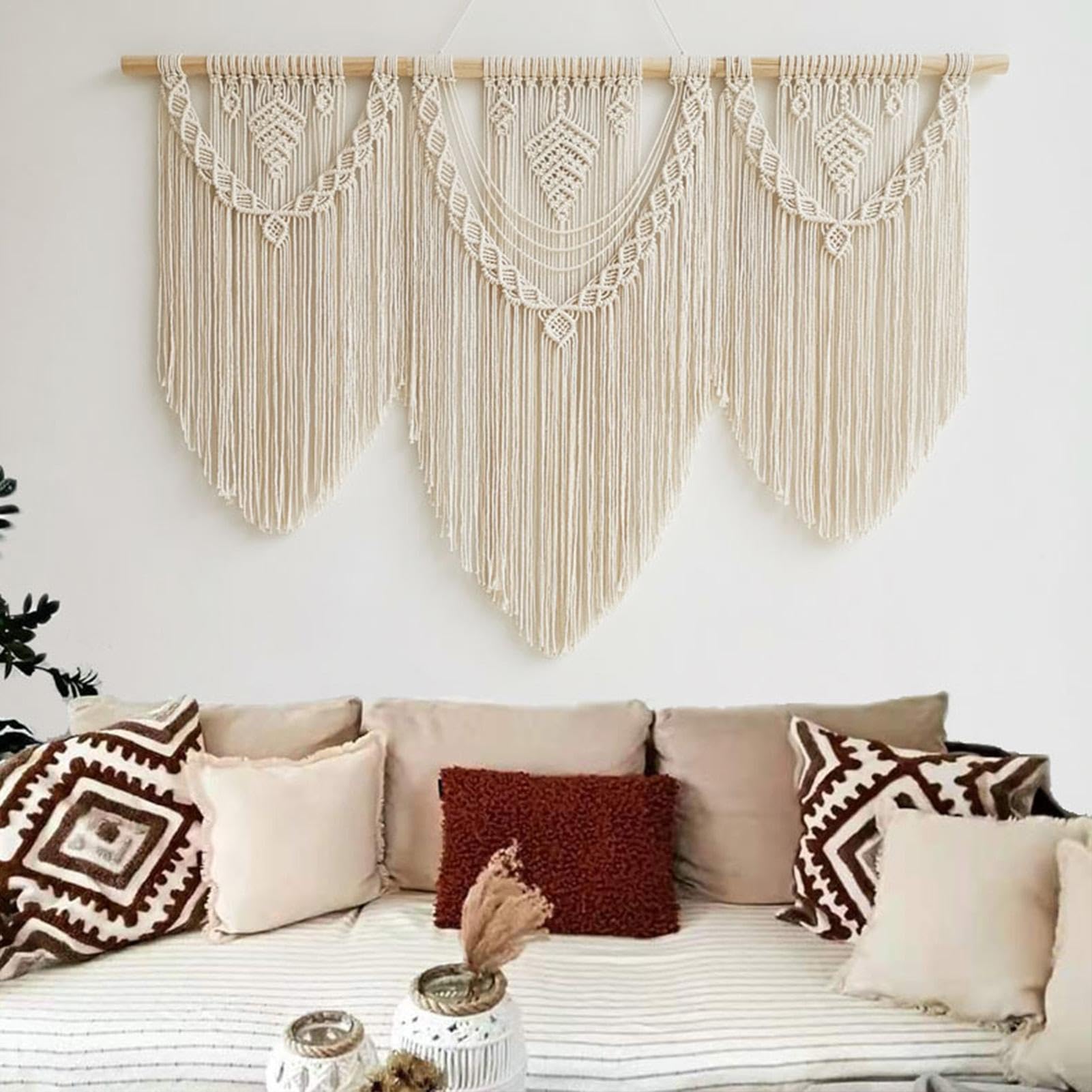 Tapiz de macramé para colgar en la pared, grande, bohemio, tejido hecho a mano, tapiz de cuerda de algodón, decoración de pared, decoración de pared bohemia para dormitorio, sala de estar,