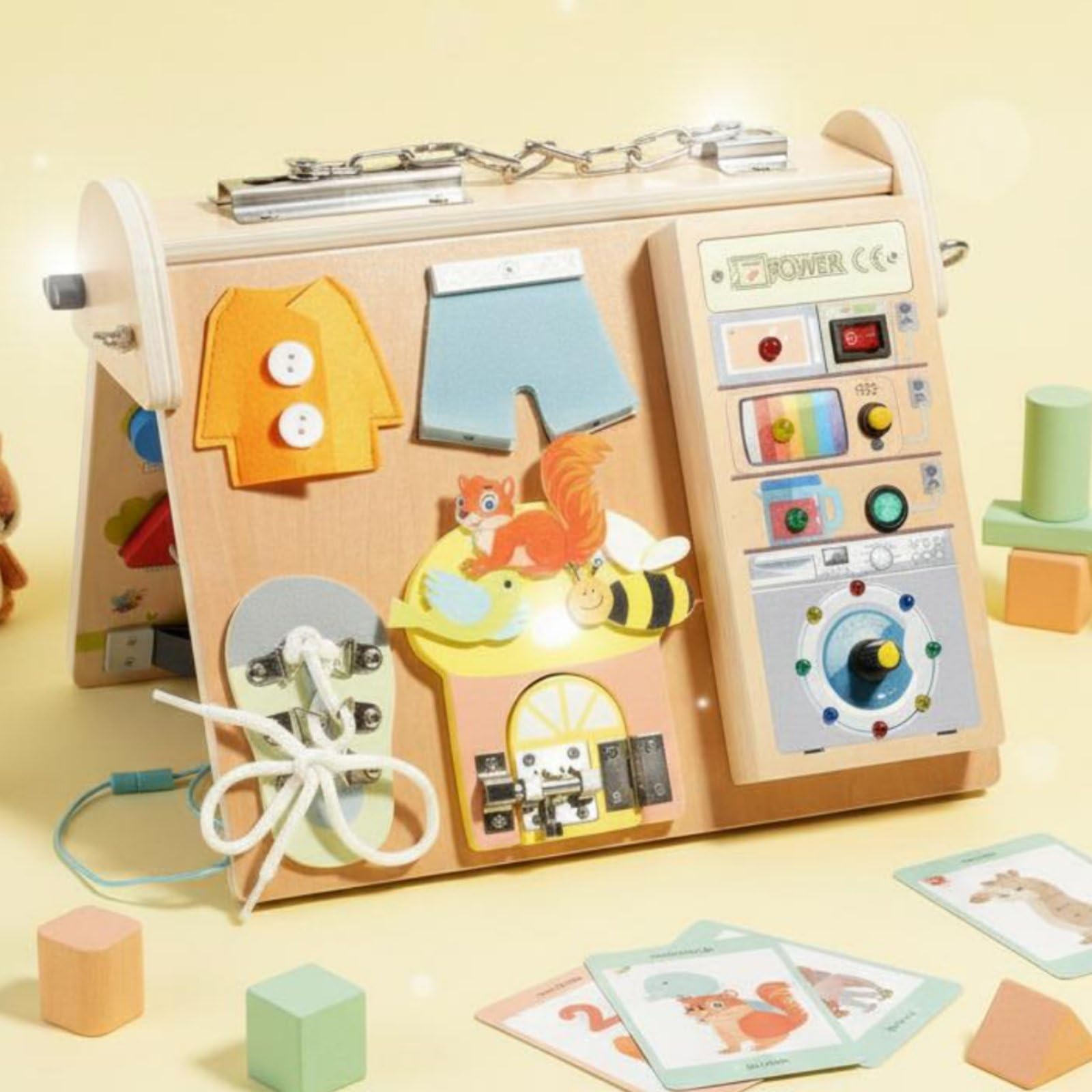 kowaku Children Learning Board Tavola Didattica Bambini Pannello Attività Gioco Educativo Portatile in Legno con LED per Attività di Interruttori E Leve