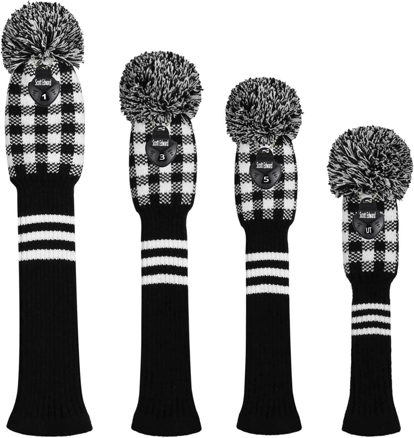 Scott Edward Knitted Golf Head Covers 4PCS Handmade Fit Well for Driver and Fairway Woods with Long Neck Pom Pom Golf Club Headcovers Set