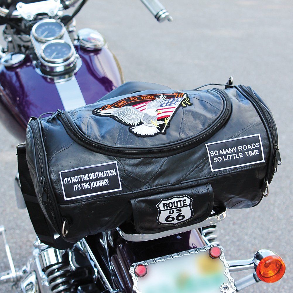 Dancing Stone Black Leather Motorcycle Round Barrel Bag Patches Bedroll Sissy Bar Luggage