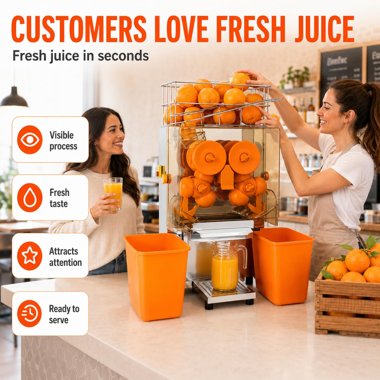 MAGIC SELECT Exprimidor de Naranjas Automático Profesional Hostelería | Máquina de Zumo Industrial, 120W, 20 Naranjas/min, Acero Inoxidable y Doble Cubo, Para Bar y Restaurante