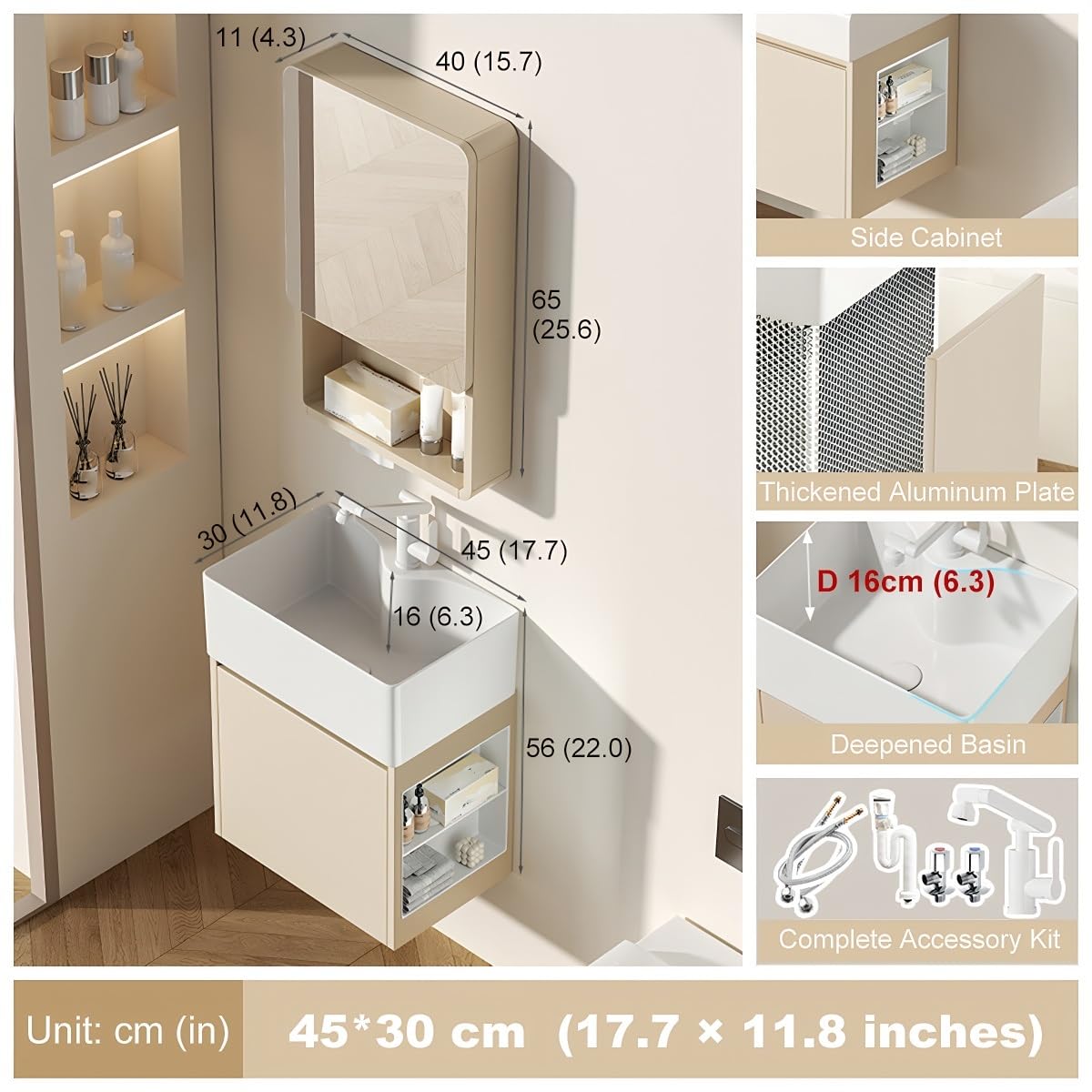 Lavabo esquinero de baño con fregadero, lavabo flotante de pared con armario de almacenamiento, fregadero de pedestal esquinero compacto para espacios pequeños (45 x 30 cm)